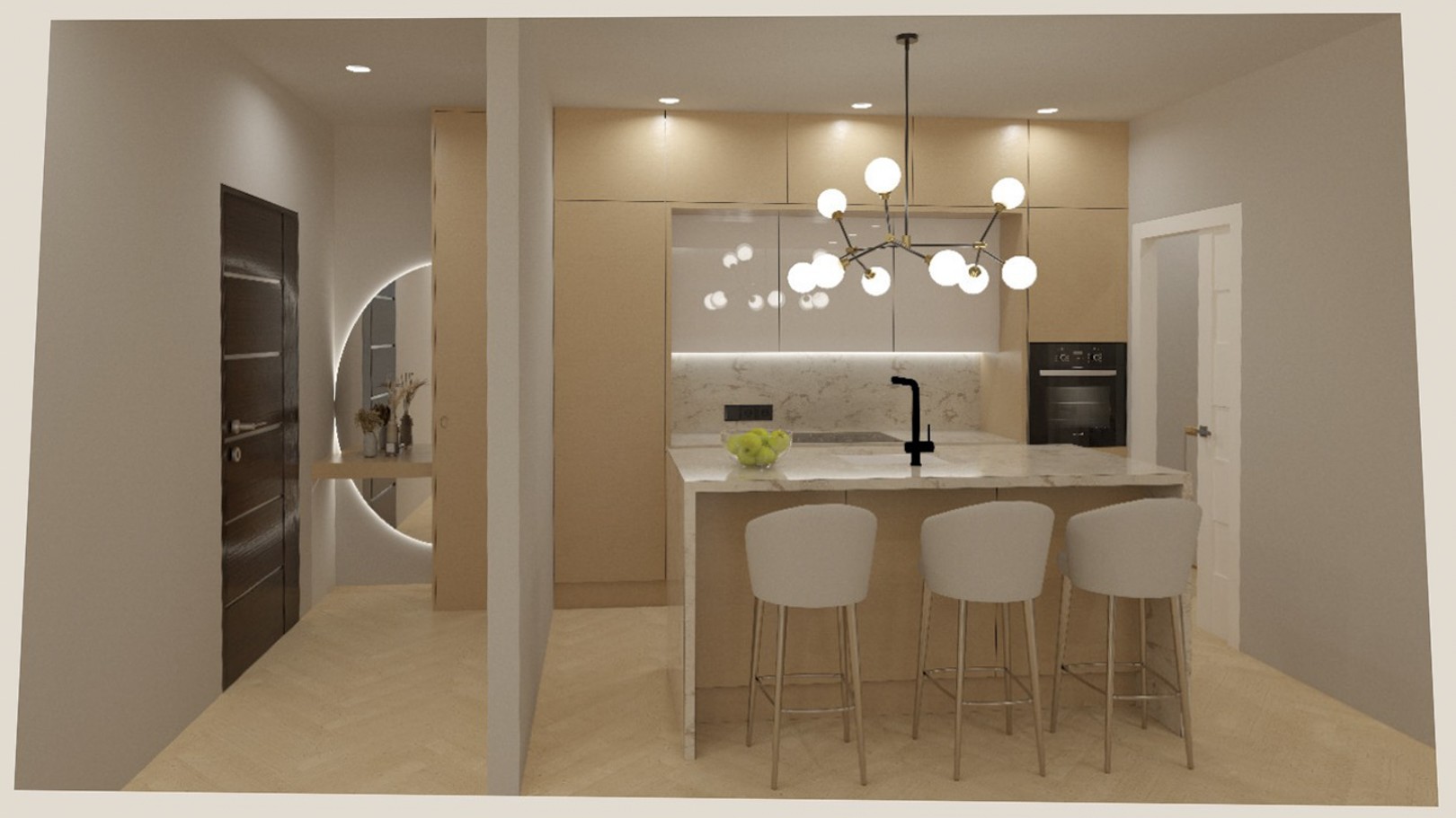 Open keuken met marmeren kookeiland, lichte houten kasten en designverlichting, grenzend aan een hal met een verlichte ronde spiegel.