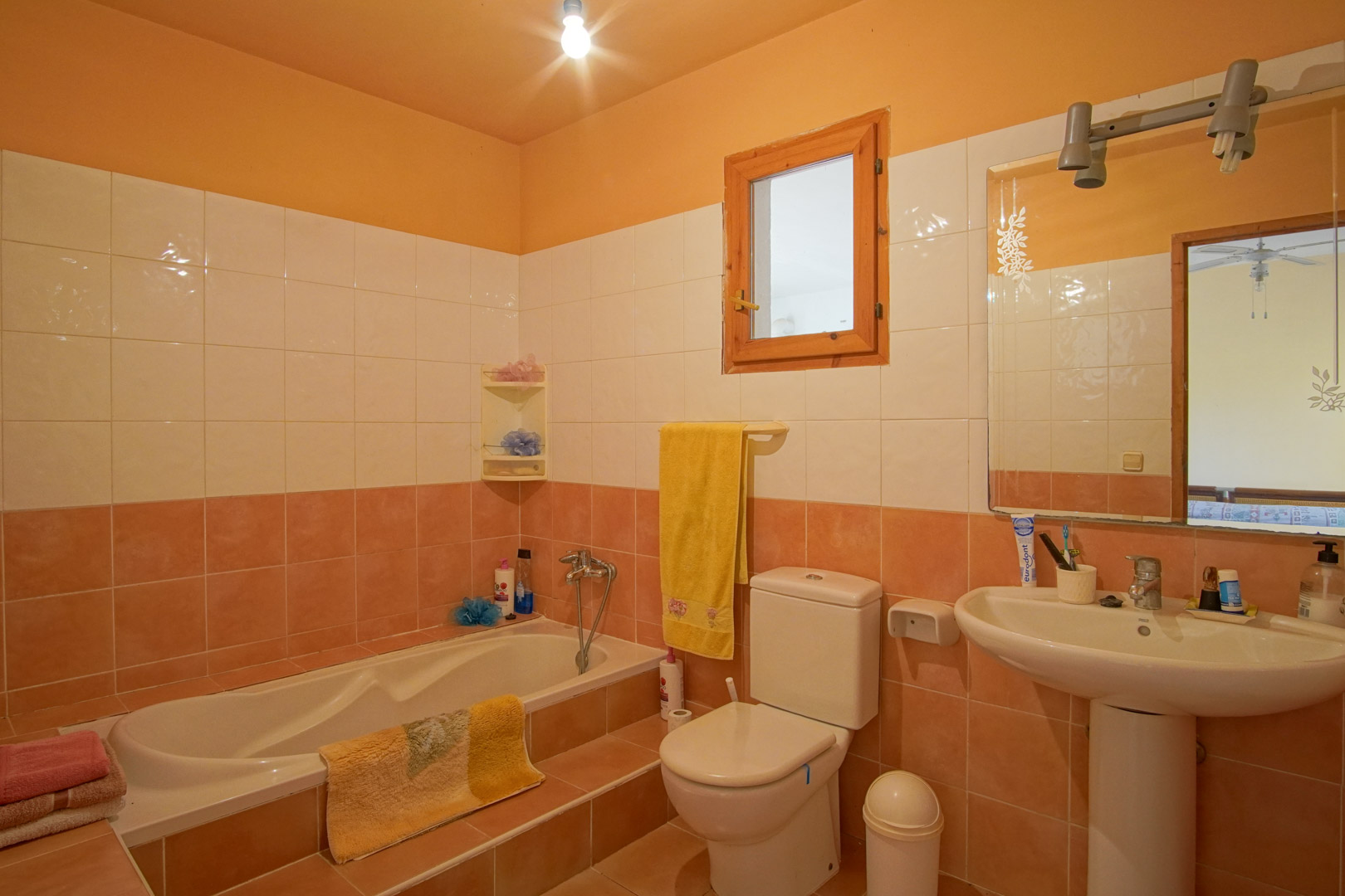 Functionele badkamer met tweekleurige betegeling, een ingebouwd bad met opstapje, een kolomwastafel en een raam met natuurlijk houten kozijn.