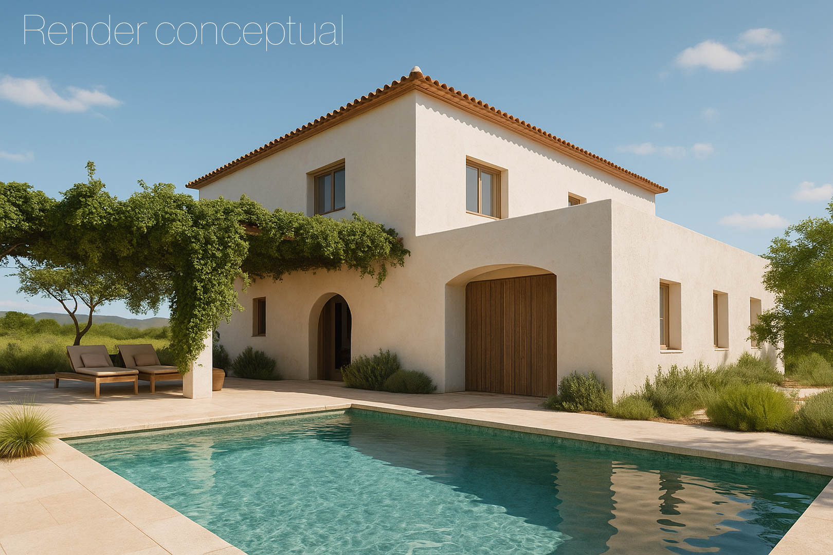 Conceptuele rendering van een mediterrane villa met lichte gevel, rechthoekig zwembad en een met klimplanten begroeide pergola op een vlak perceel.