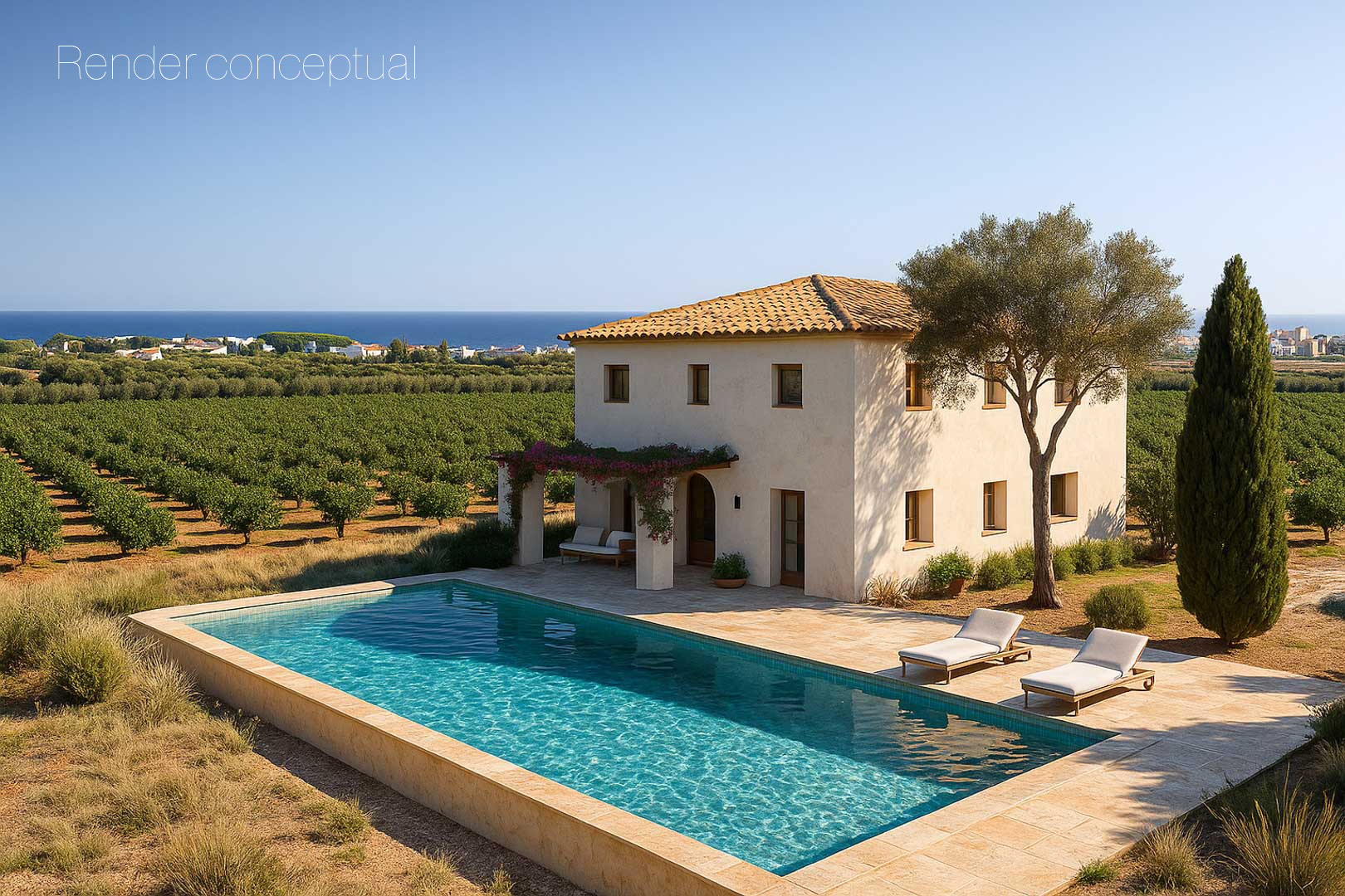 Conceptuele weergave van een mediterraan landhuis met zwembad, stenen terras en weids uitzicht over de boomgaarden en de zee.