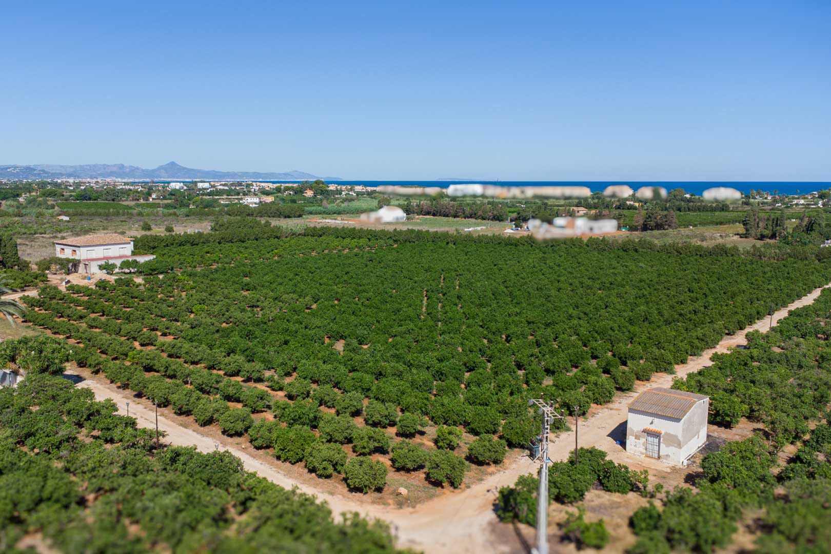 Luchtfoto van het uitgestrekte landbouwperceel met citrusboomgaarden, het landhuis en de Middellandse Zee aan de horizon van Dénia.