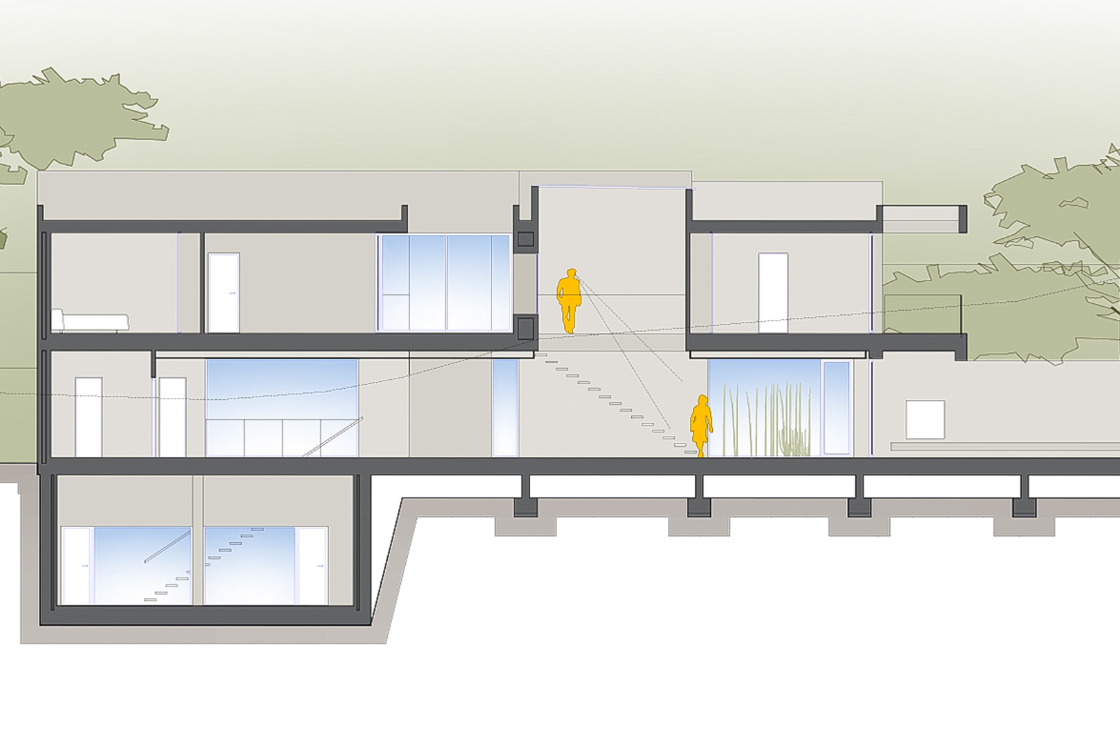 Architecturale doorsnede van het voorontwerp met de indeling over drie niveaus, inclusief kelder, grote raampartijen en interne trappen.
