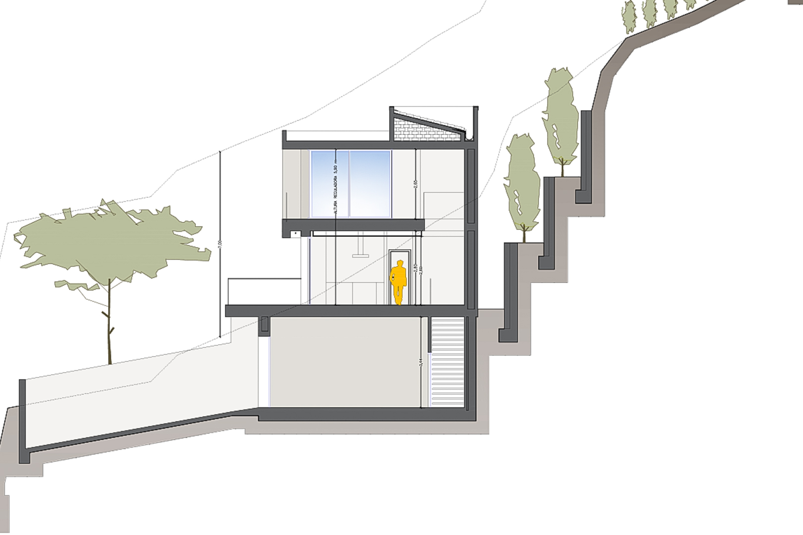Architecturale dwarsdoorsnede van het ontwerp die de indeling over drie woonlagen en de integratie in het hellende terrein illustreert.