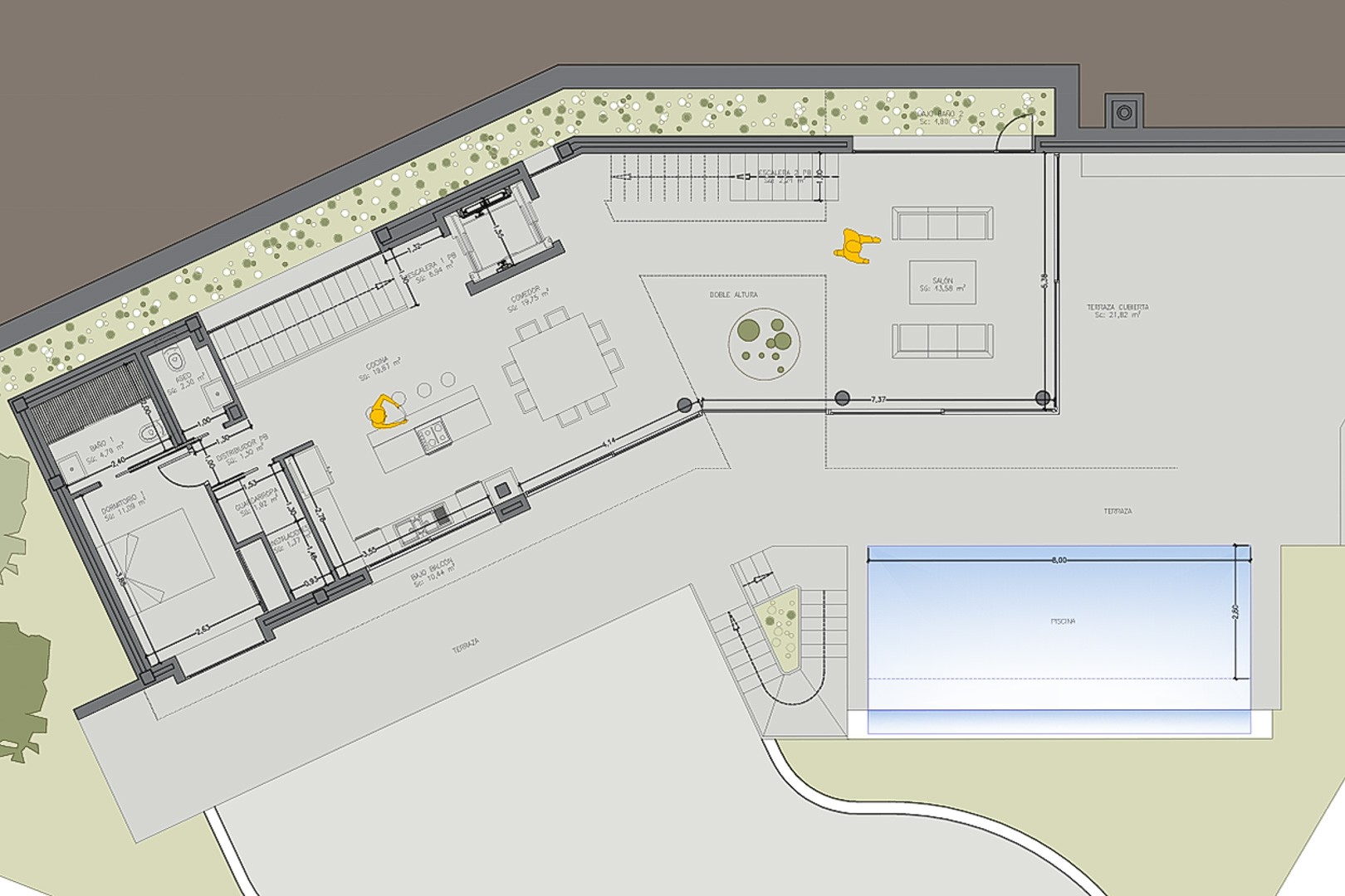 Gedetailleerde architecturale plattegrond van de begane grond met een open woonruimte, keuken met kookeiland, slaapkamer en suite en terras met zwembad.