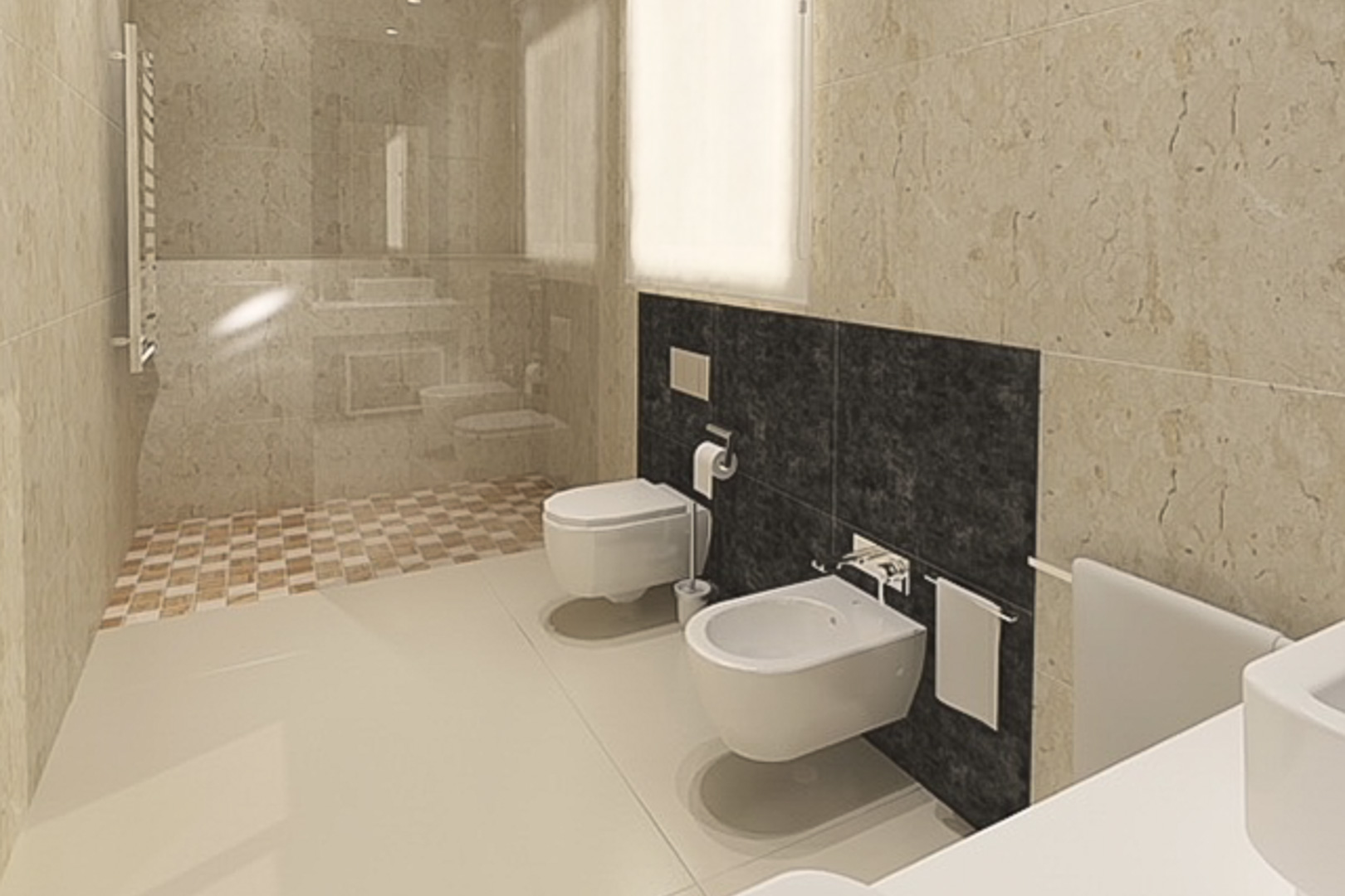 Moderne badkamer met hangend toilet en bidet tegen een donkere achterwand, inloopdouche met mozaïekvloer en wandtegels met marmerlook.