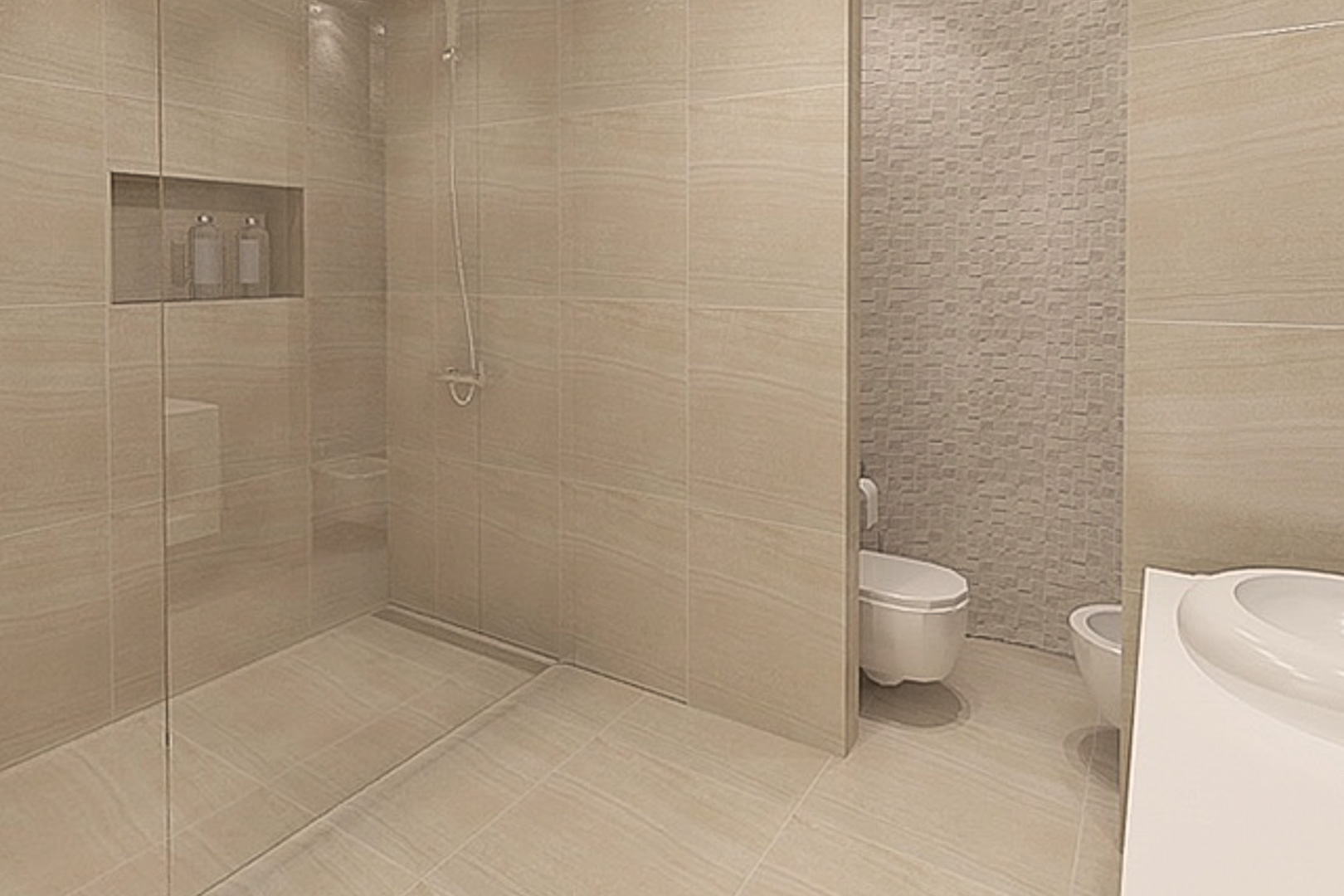 Moderne badkamer met inloopdouche, glazen wand en ingebouwde nis. Zandkleurige porseleinen tegels gecombineerd met een getextureerde mozaïekwand.