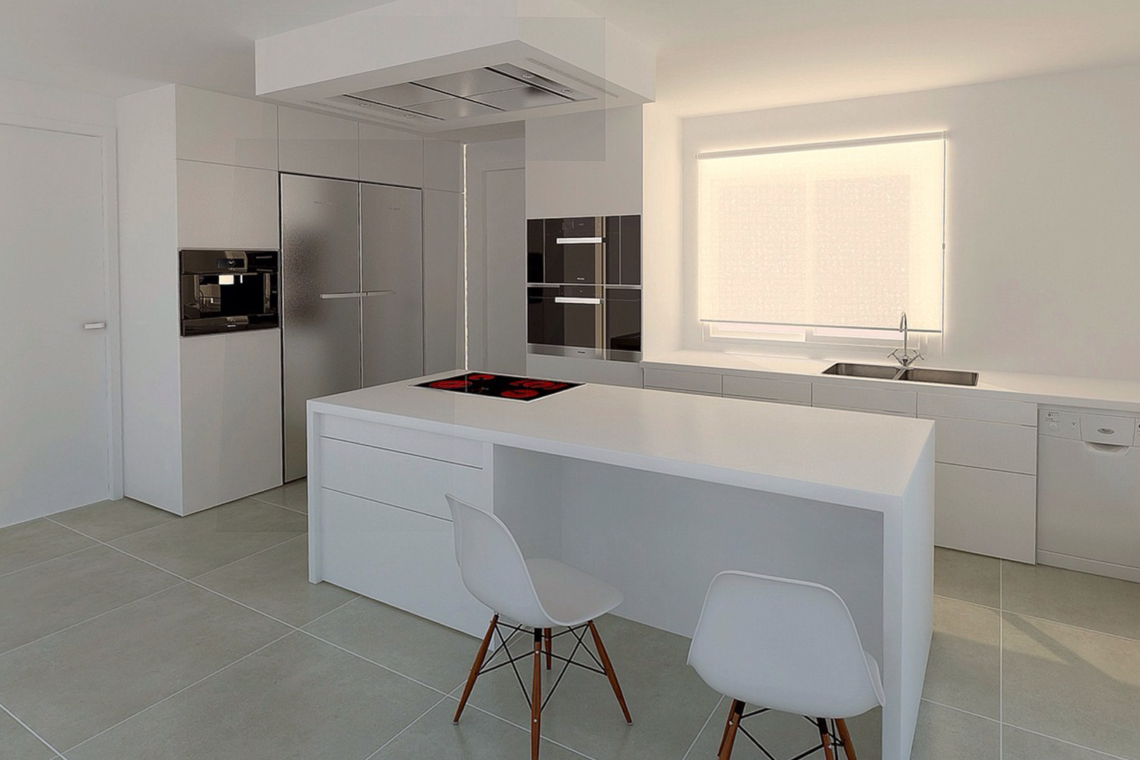 Moderne minimalistische keuken met kookeiland, inductiekookplaat en geïntegreerde hoogwaardige apparatuur in een strak wit ontwerp met grote vloertegels.