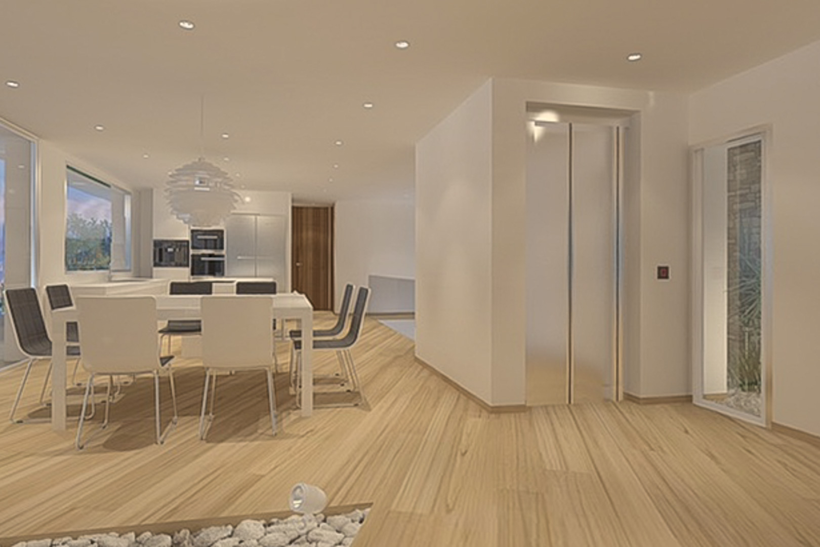 Open woon- en eetkamer met lichte houten vloer, inbouwspots en een privé-lift. Voorzien van modern meubilair en een geïntegreerde keuken met rvs-accenten.