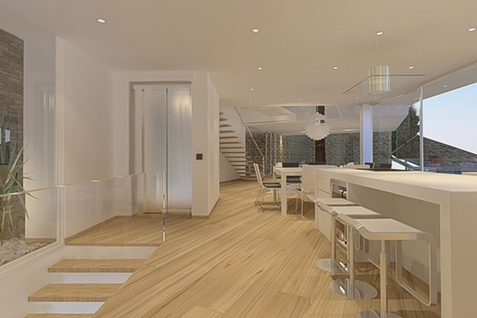 Open woonruimte met een modern kookeiland, glazen lift en zwevende houten trap. Natuurstenen wanden en inbouwspots accentueren de strakke afwerking.