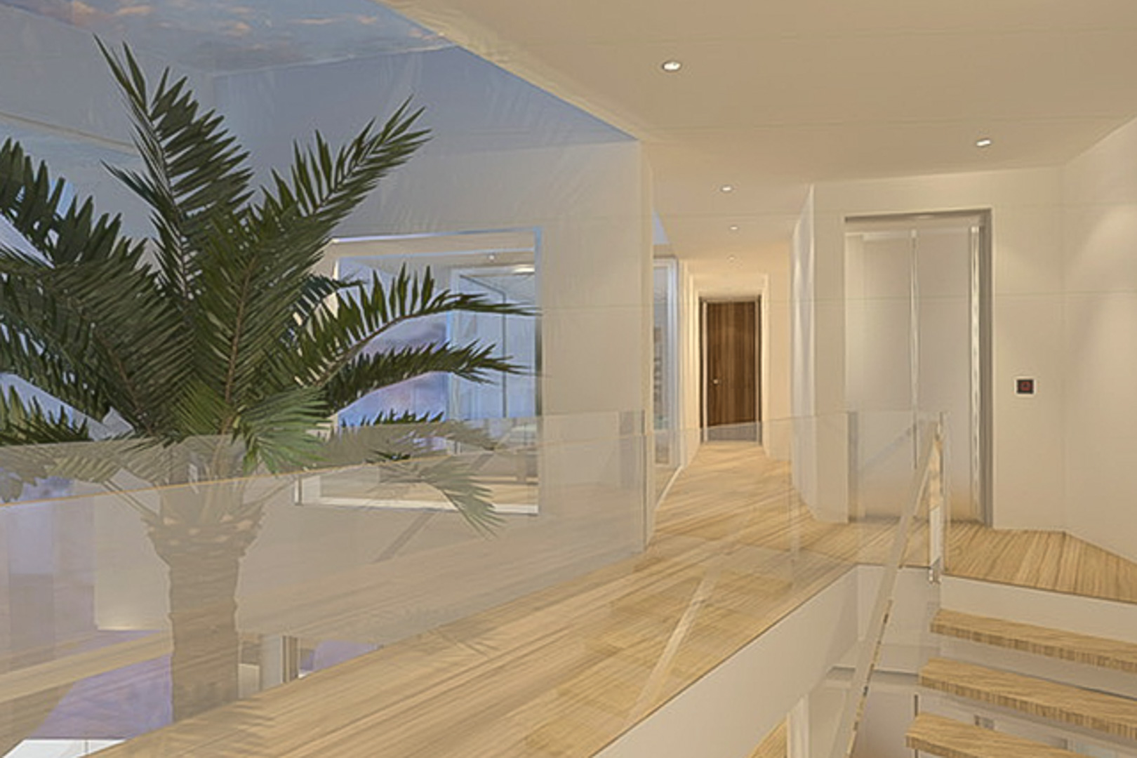Overloop op de bovenverdieping met lichte houten vloeren, glazen balustrades en een lift. Een centraal glazen atrium met palmboom en inbouwspots zorgt voor een modern accent.