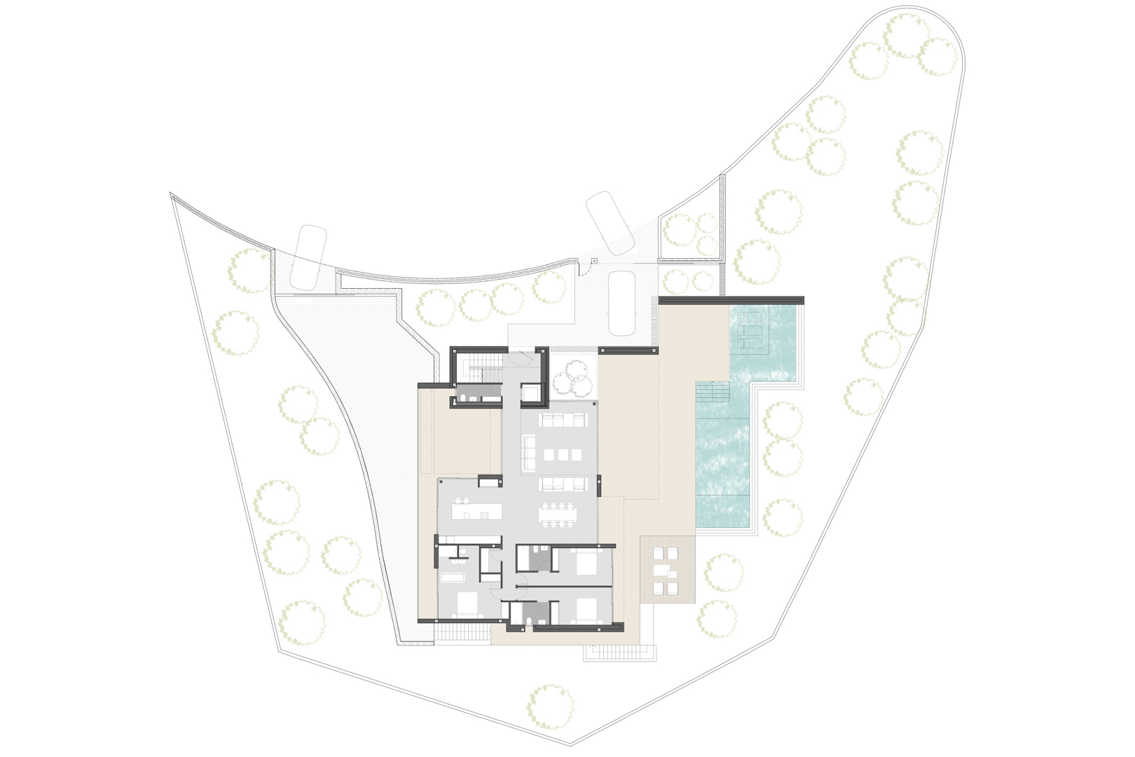 Architecturale plattegrond van de begane grond met open woonkamer, drie slaapkamers, riante terrassen en het L-vormige zwembad in de tuin.