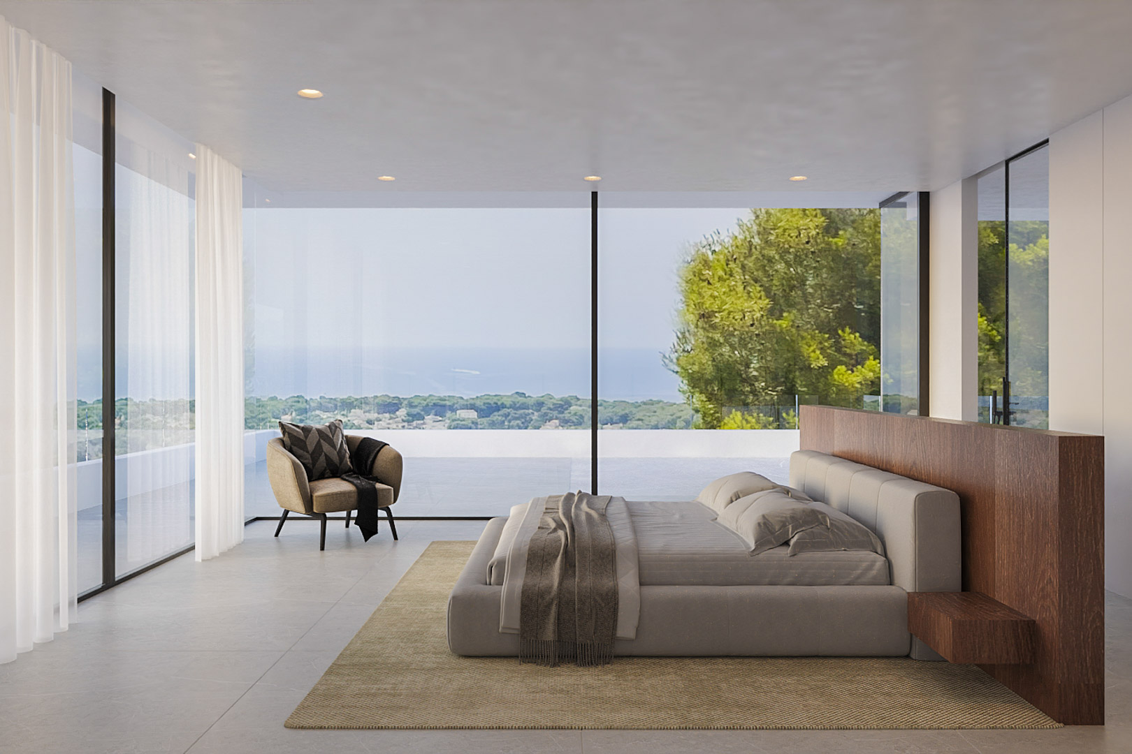 Hoofdslaapkamer met kamerhoge glazen wanden en panoramisch zeezicht, voorzien van een houten hoofdbordwand en een minimalistische moderne afwerking.
