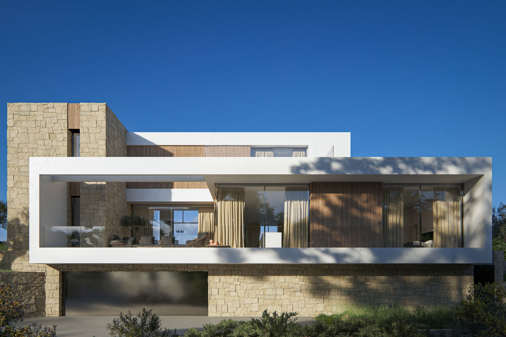 Moderne gevel met natuurstenen muren, verticale houten bekleding en grote raampartijen met glazen balustrades.