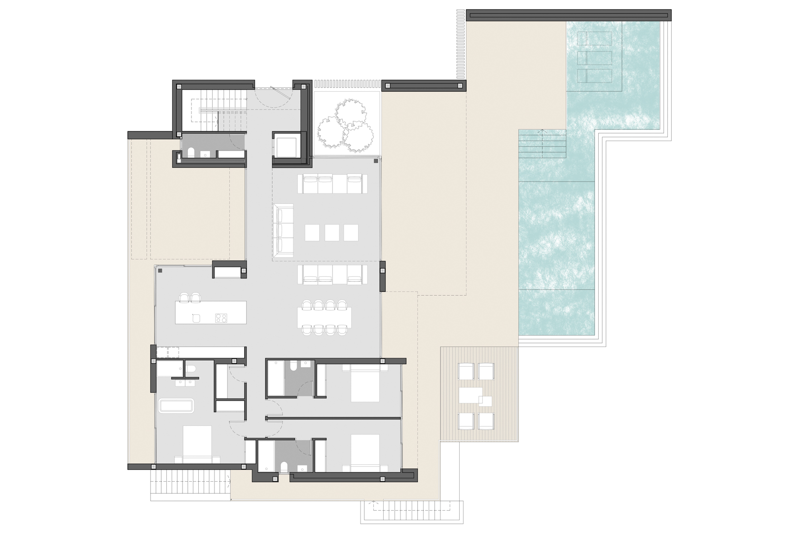Technische plattegrond van de begane grond met woon-eetkamer, kookeiland, drie slaapkamers en het buitenterras met overloopzwembad.