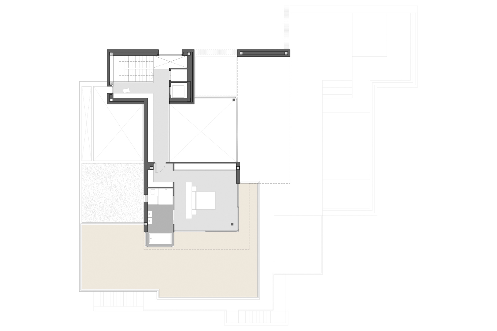 Technische plattegrond van de bovenverdieping met de master suite, en-suite badkamer en een groot L-vormig terras voor een optimaal panoramisch uitzicht.
