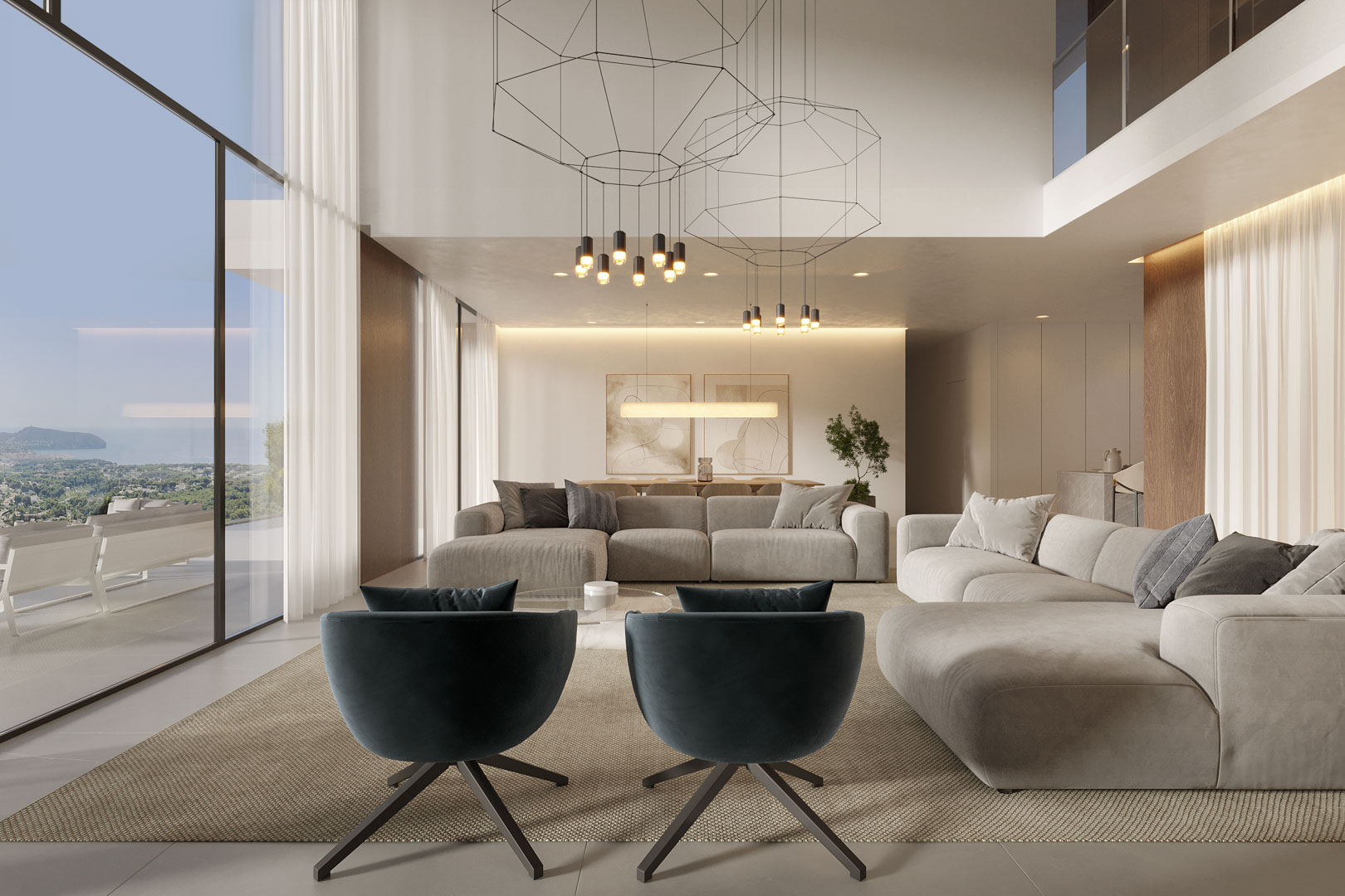 Woonkamer met dubbele plafondhoogte, kamerhoge ramen met panoramisch zeezicht, geometrische designverlichting en meubels in natuurlijke tinten.
