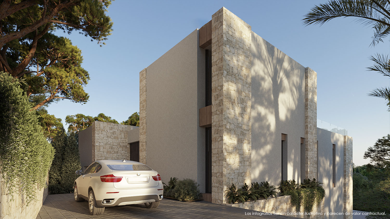 Buitengevel met natuurstenen kolommen en glad stucwerk, met een geplaveide oprit omgeven door mediterrane beplanting en volwassen pijnbomen.