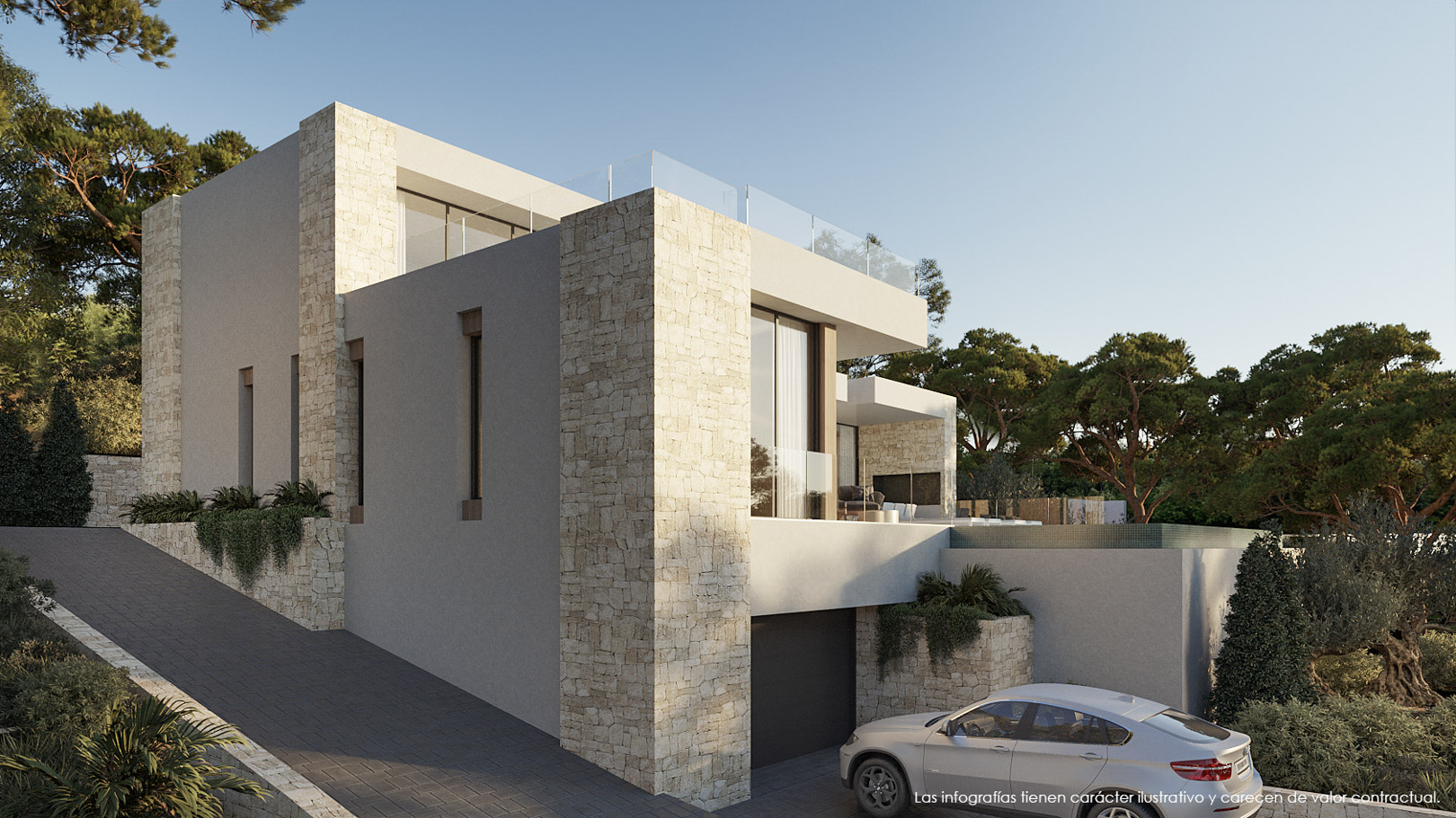 Moderne gevel met natuurstenen accenten, grote raampartijen en een oprit naar de privégarage, omgeven door een mediterrane tuin.