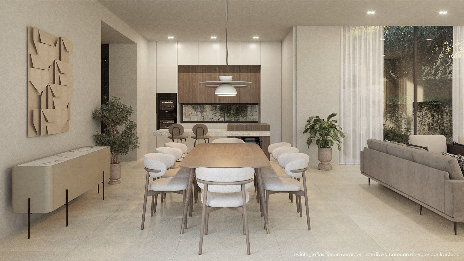 Open woonruimte met houten eethoek, een moderne keuken met eikenhouten accenten en grote raampartijen die zorgen voor een naadloze verbinding met buiten.