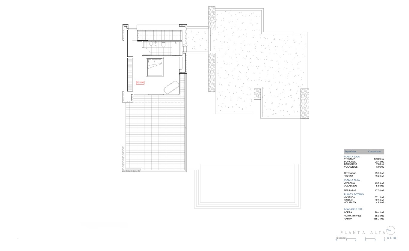 Technische plattegrond van de bovenverdieping met de hoofdslaapkamer, en-suite badkamer en een ruim privé-terras.