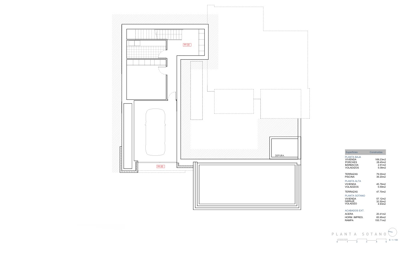 Technische plattegrond van de kelderverdieping met de privégarage, technische ruimte en wasruimte, inclusief een overzicht van de bebouwde oppervlaktes.