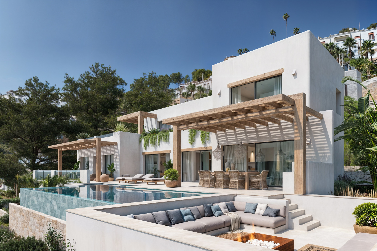 Exterieur van een villa in Ibizastijl met witte muren, houten pergola's, een overloopzwembad en een verzonken zithoek met een ingebouwde vuurplaats.