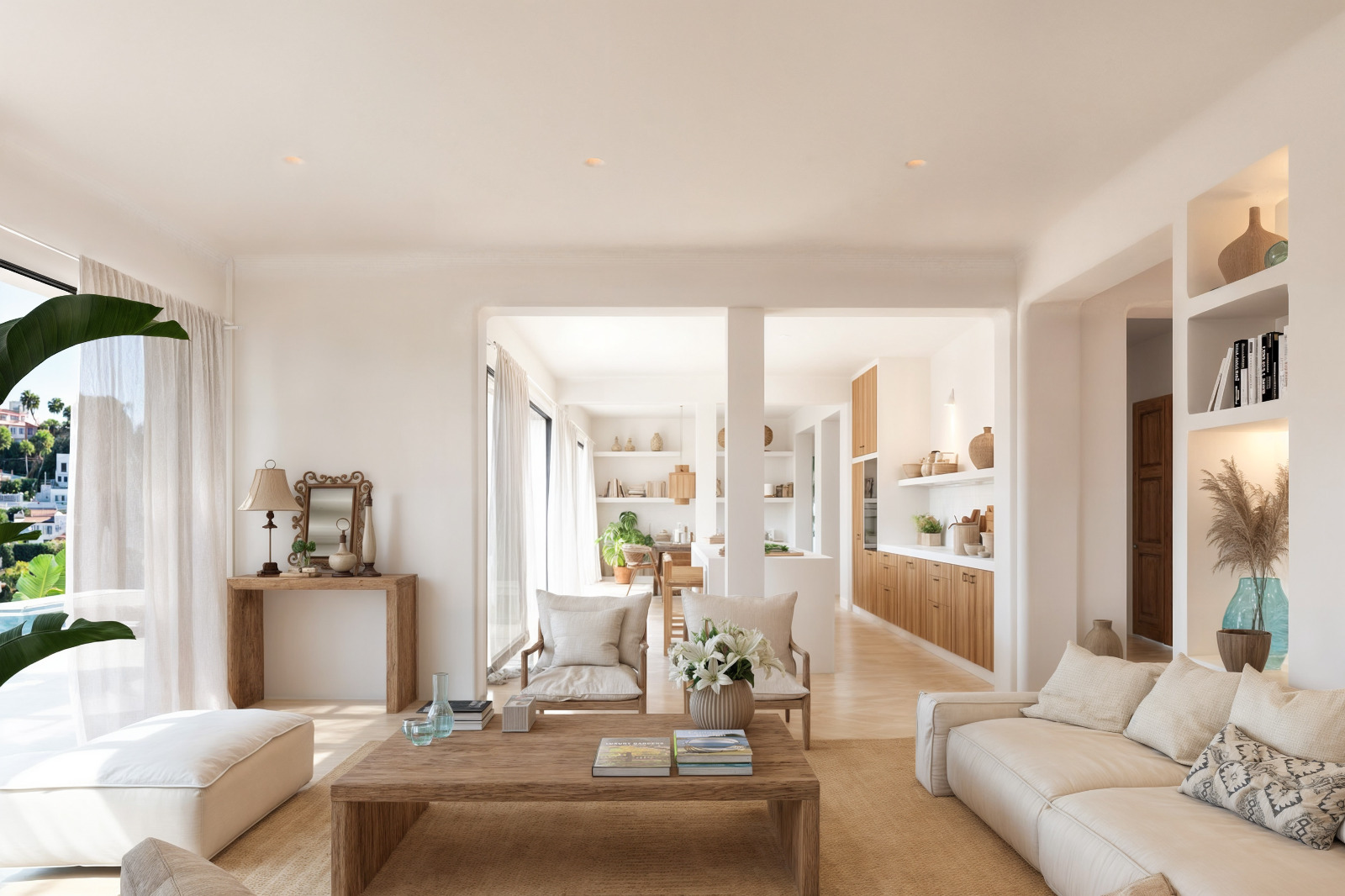 Open woonkamer met witte gepleisterde wanden, meubels van natuurlijk hout en ingebouwde nissen. De ruimte loopt naadloos over in de keuken en het eetgedeelte.