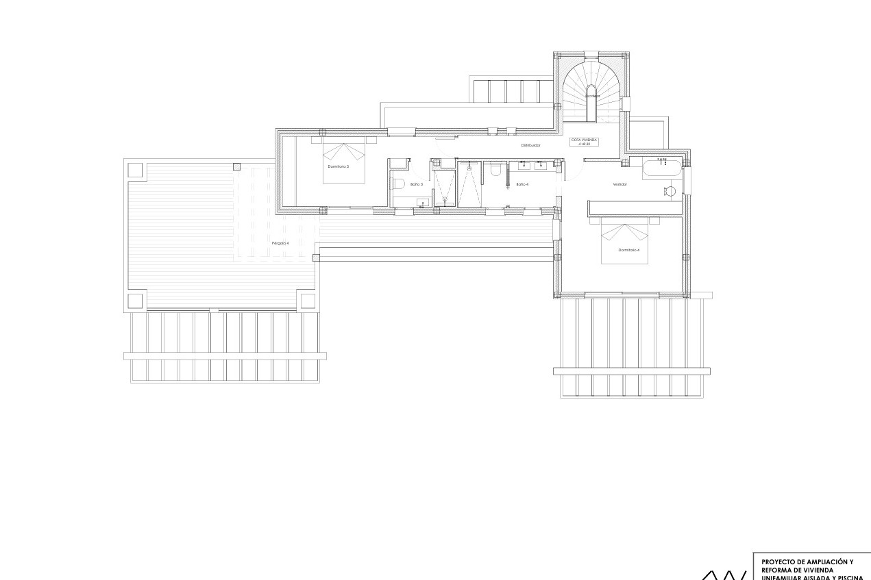 Technische plattegrond van de bovenverdieping met de master suite, inloopkast, extra slaapkamer, en-suite badkamers en grote terrassen met pergola's.