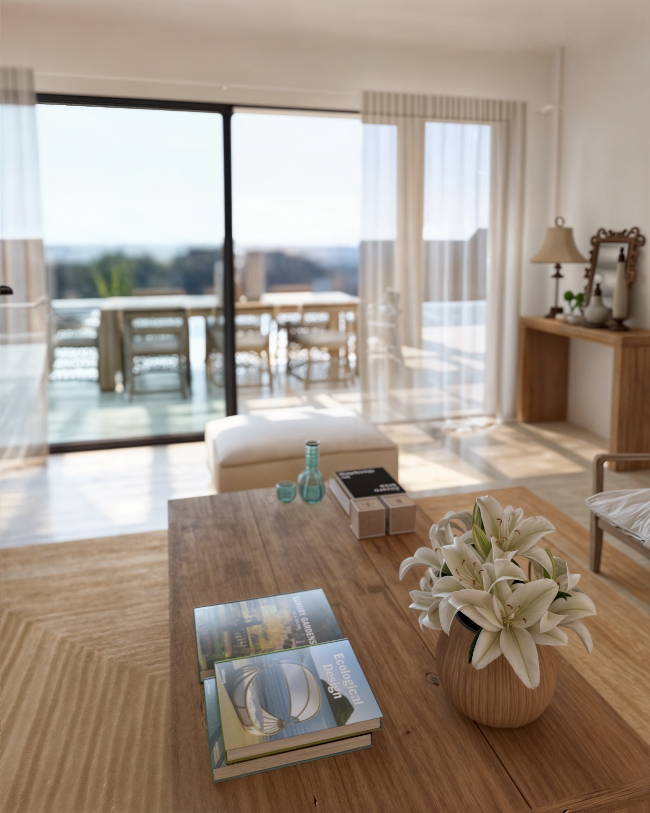 Woonkamer in Ibizastijl met een natuurhouten tafel en grote TECHNAL schuifdeuren die de binnenruimte verbinden met het terras en uitzicht op zee.
