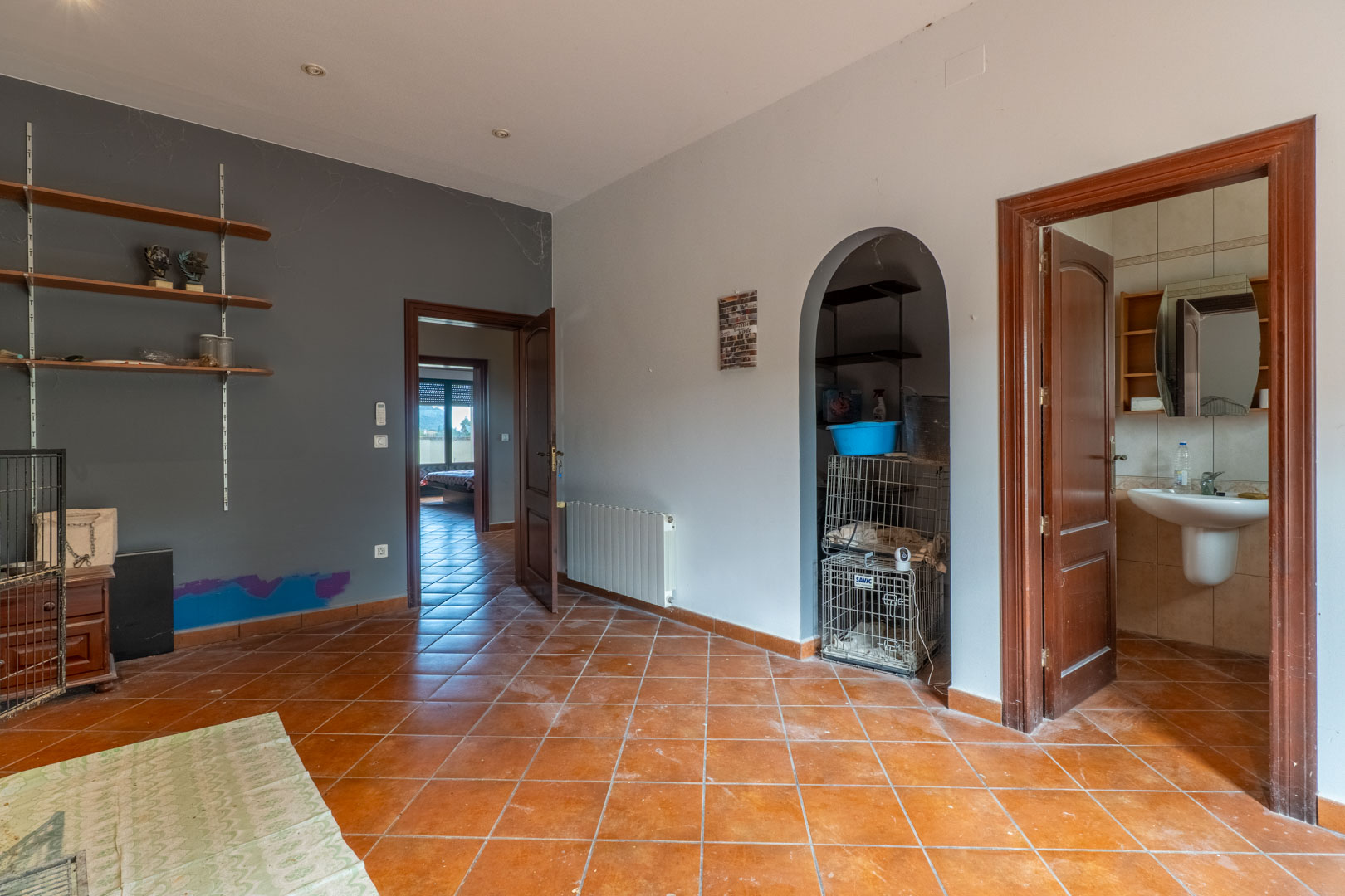 Hal met terracotta tegelvloer, grijze accentmuur en houten deuren die toegang bieden tot een badkamer en een bergruimte via een ronde boogopening.