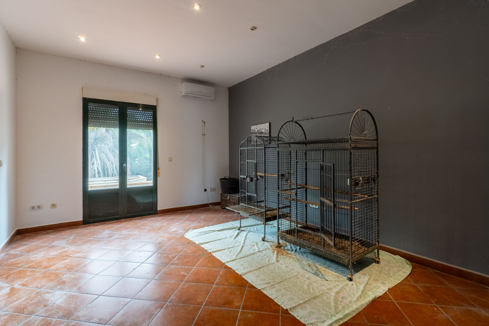 Kamer met terracotta tegelvloer, grijze accentmuur en inbouwspots. Een glazen deur met rolluik biedt directe toegang tot de omliggende mediterrane tuin.