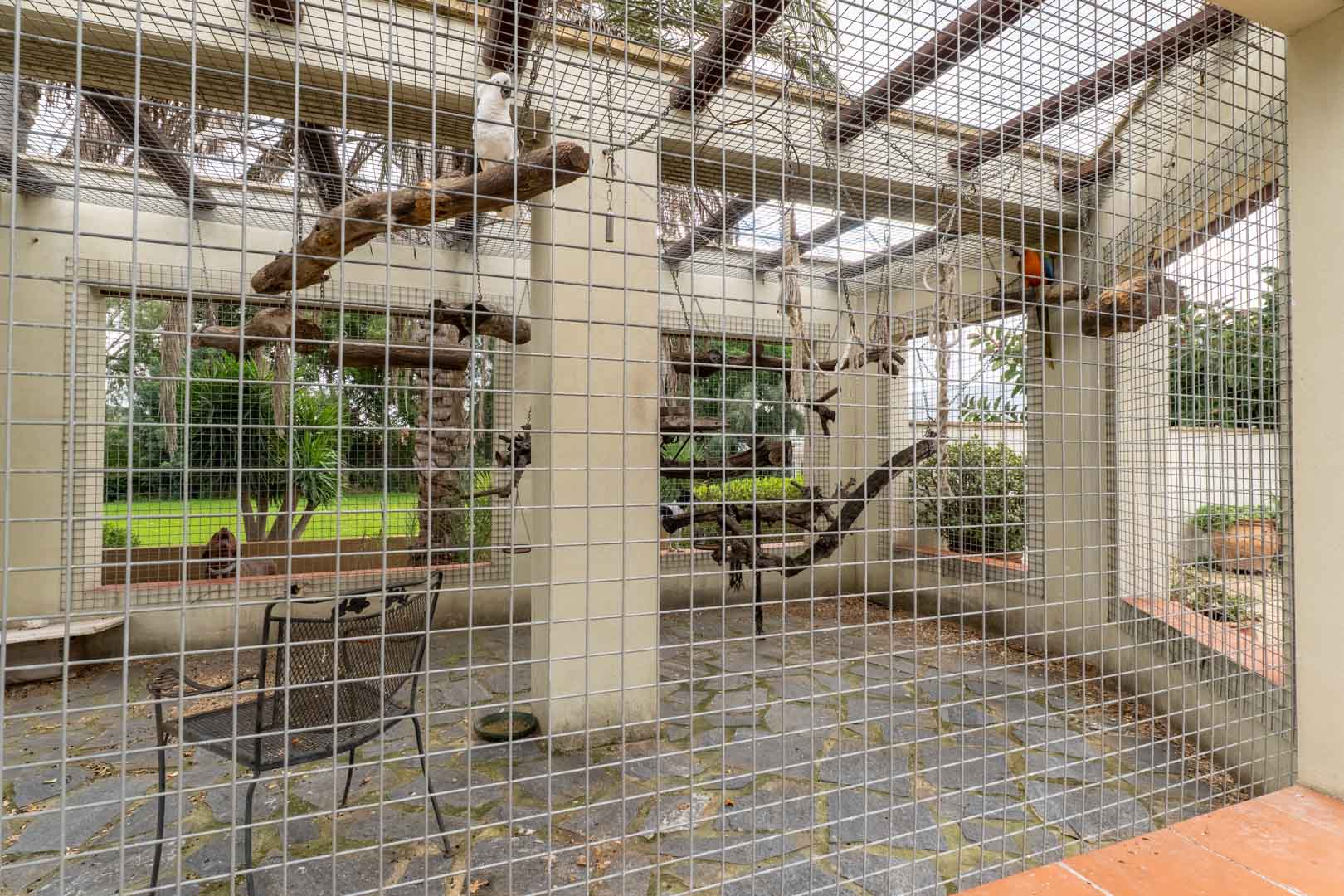 Ruime buitenvolière met metalen gaaswerk, leistenen vloer en natuurlijke houten zitstokken, gelegen in de tuinen van het landgoed.