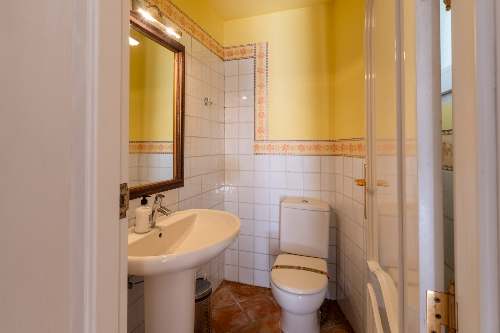 Gastentoilet met terracotta vloertegels, wit betegelde wanden met bloemenborder en een kolomwastafel onder een verlichte spiegel met houten lijst.