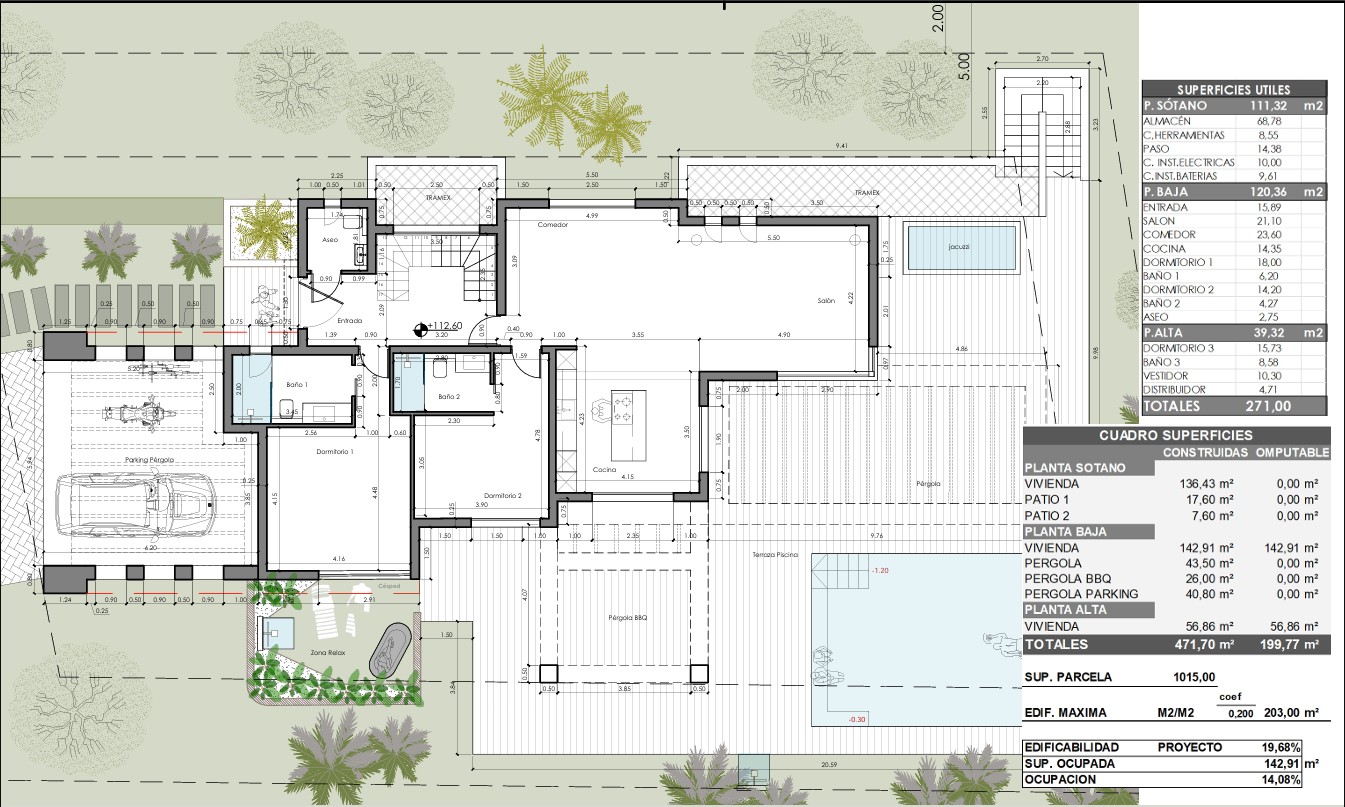 Gedetailleerde plattegrond van de begane grond en buitenruimtes, met de indeling van de slaapkamers, open keuken, woonkamer en het zwembadgedeelte met pergola's.