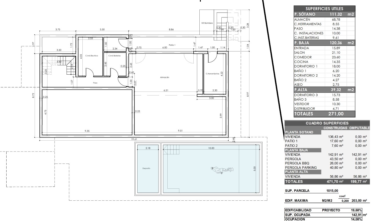 Gedetailleerde technische plattegrond van het souterrain en het zwembad, inclusief tabellen met de nuttige en bebouwde oppervlaktes van de villa.