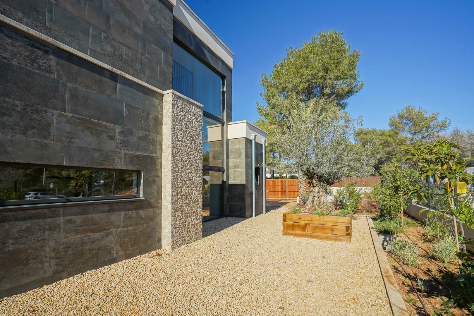 Moderne gevel met donkere steenstrips, natuurstenen accenten, grote glaspartijen en een mediterrane tuin met een olijfboom in een houten plantenbak.