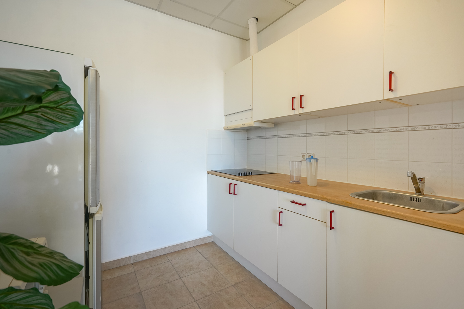 Functionele keuken met witte kasten, rode handgrepen, houten werkblad en witte tegelwand. Voorzien van een kookplaat en geïntegreerde roestvrijstalen gootsteen.