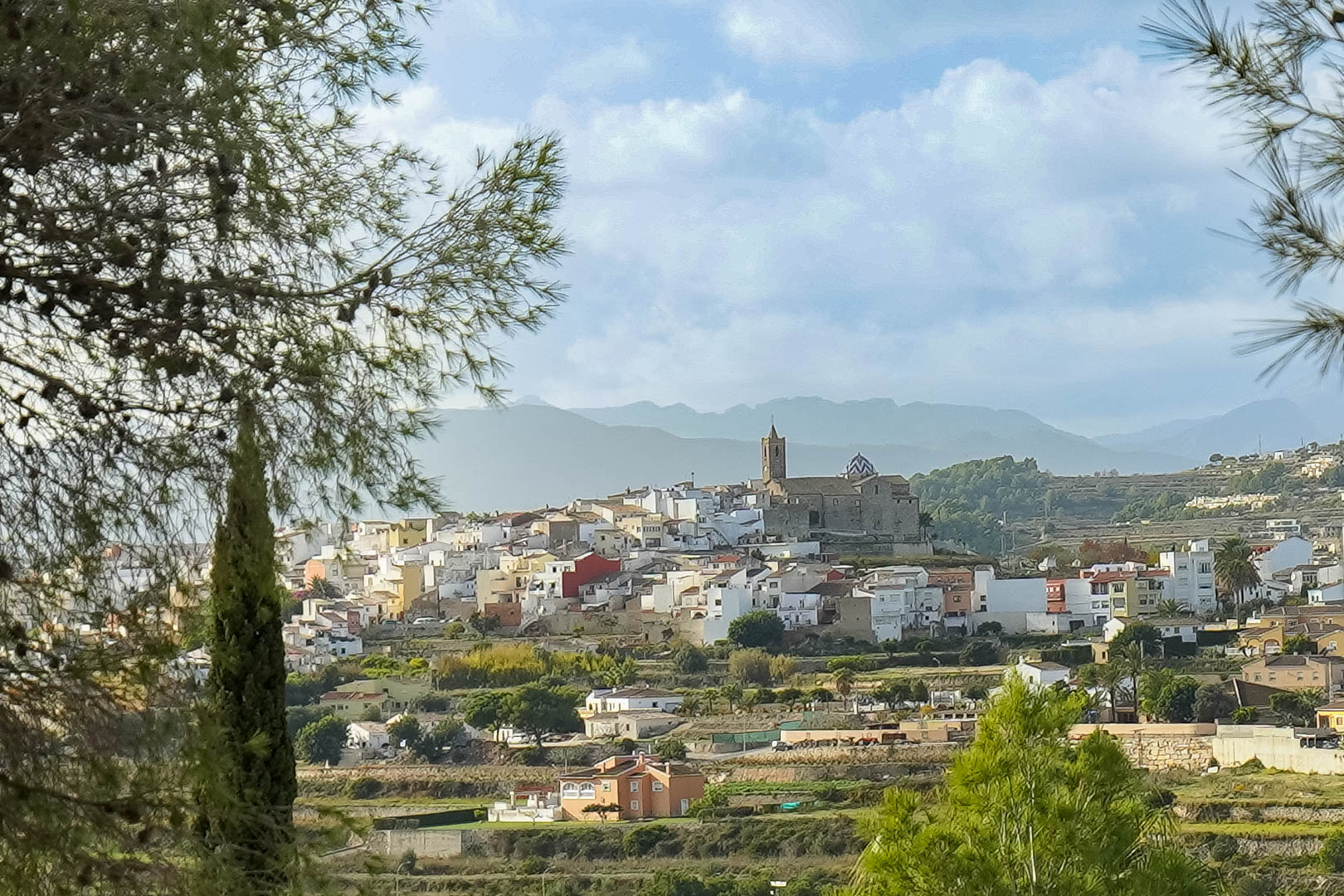 Panoramisch uitzicht op het historische centrum van Benitachell en de kerk, omlijst door pijnbomen met de Sierra de Bernia op de achtergrond.