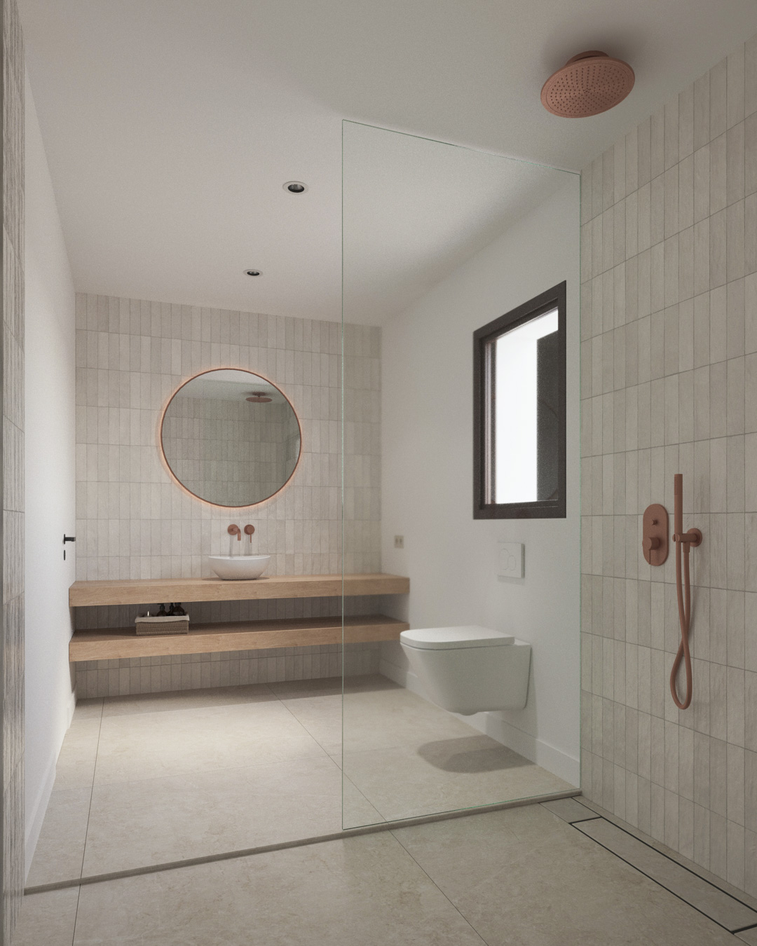 Badkamer in Ibiza-stijl met houten wastafelblad, koperkleurige kranen, een ronde verlichte spiegel en een inloopdouche met glazen wand en verticale betegeling.