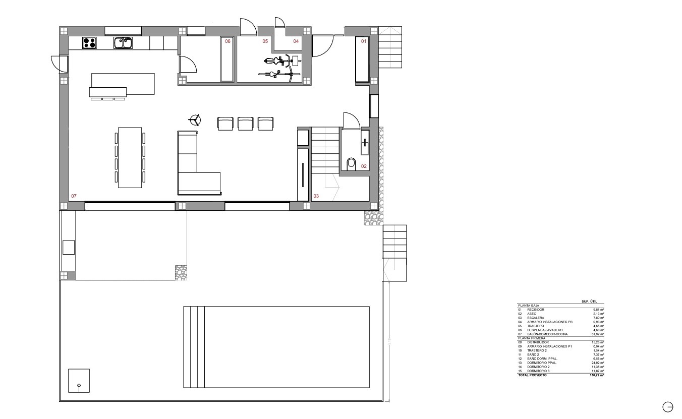 Gedetailleerde plattegrond van de begane grond met een open woonkamer, kookeiland, bijkeuken, gastentoilet en directe toegang tot het terras met zwembad.