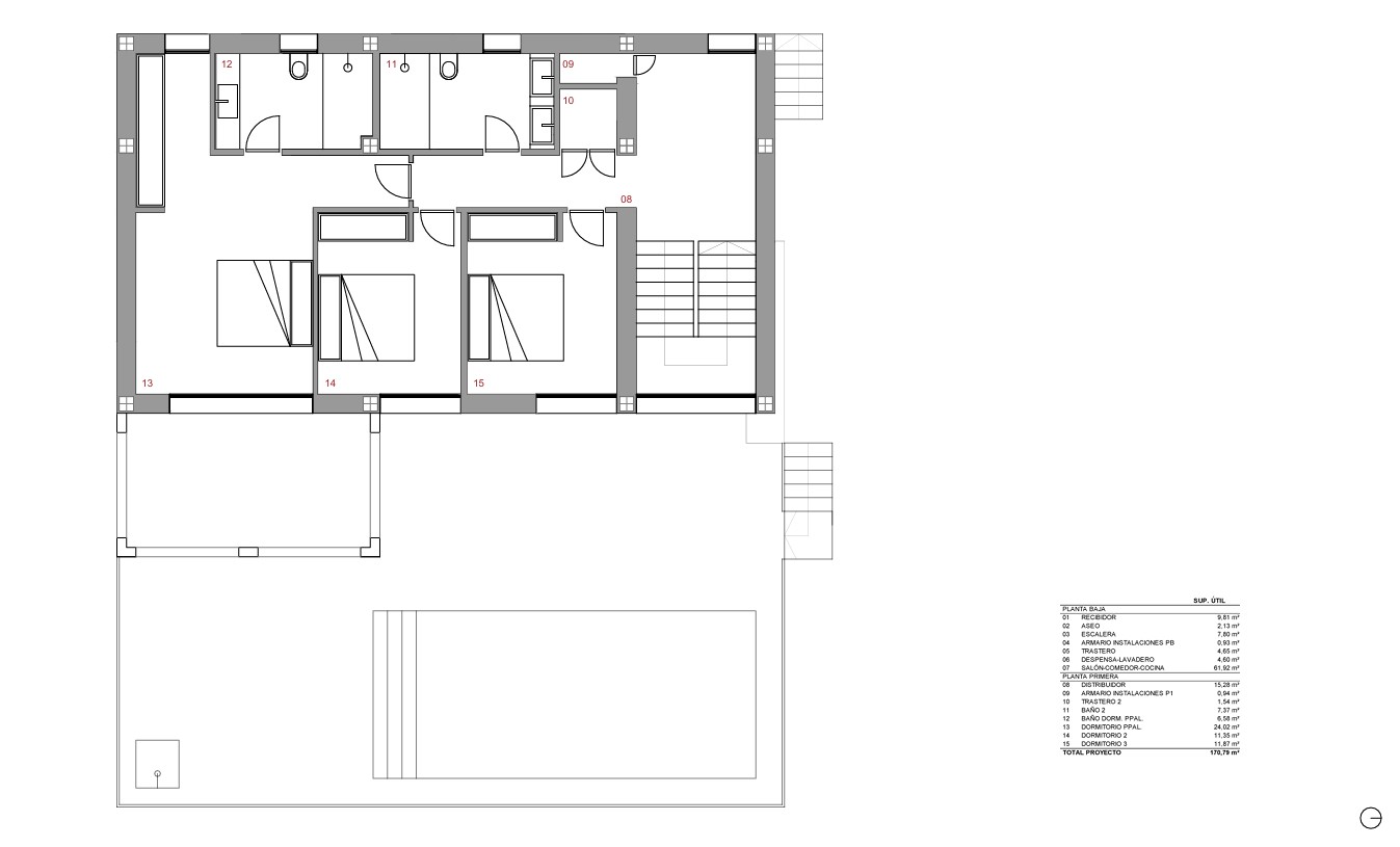 Gedetailleerde plattegrond van de eerste verdieping met drie slaapkamers, twee badkamers en het buitengedeelte met terras en zwembad van 8x4 meter.