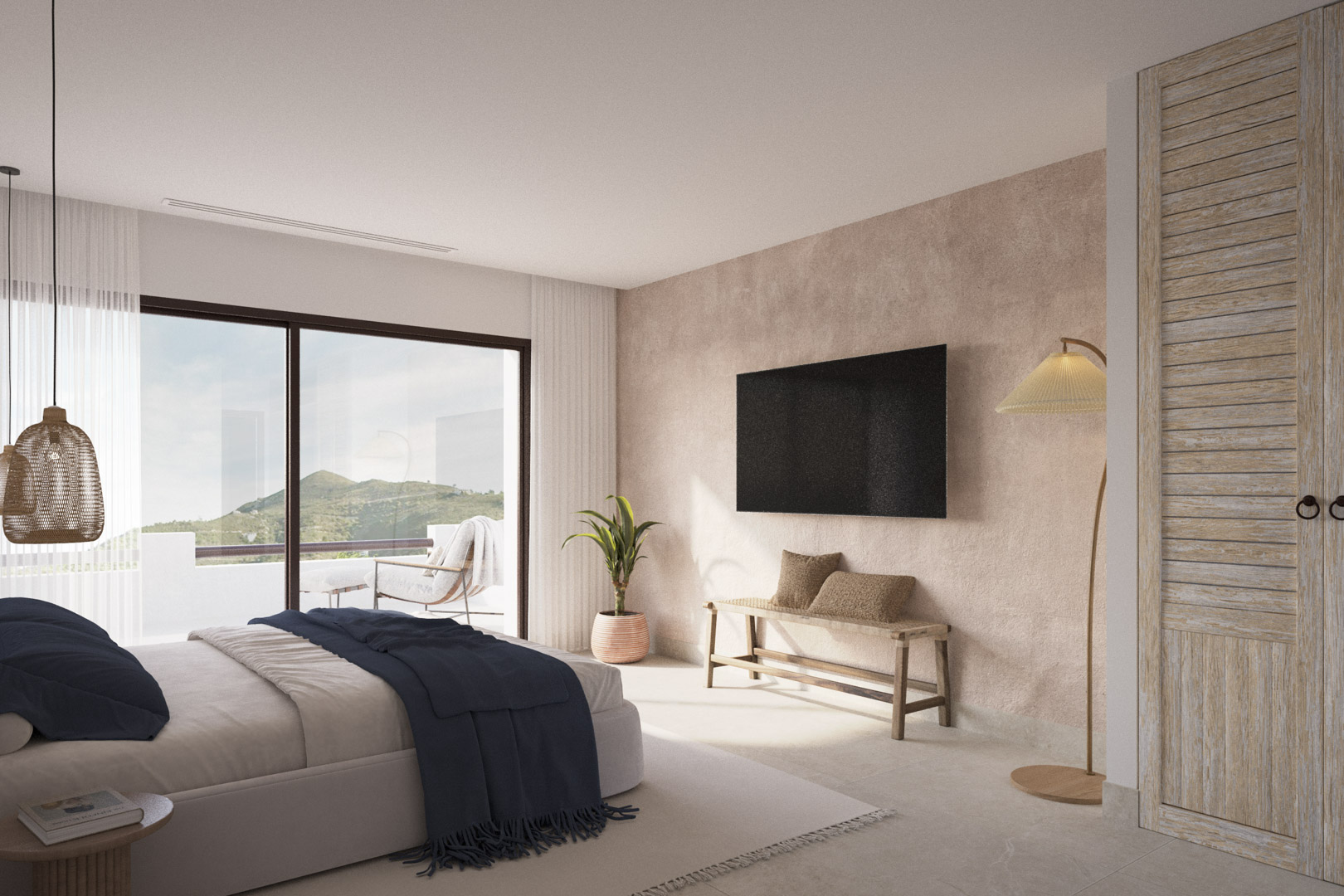 Hoofdslaapkamer met een getextureerde wand in aardetinten, rustieke houten kasten en directe toegang tot een terras met panoramisch uitzicht op de bergen.