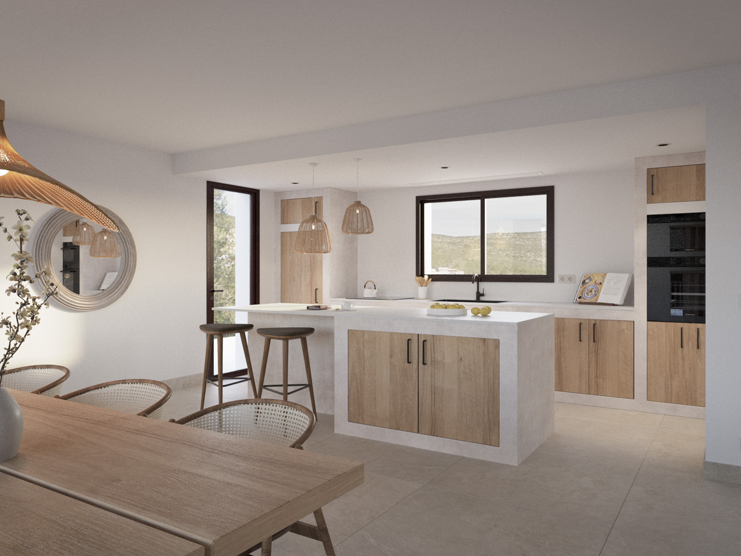 Open keuken met centraal eiland, houten afwerkingen en inbouwapparatuur. Voorzien van natuurlijke hanglampen en grote ramen met uitzicht op de Jalón-vallei.