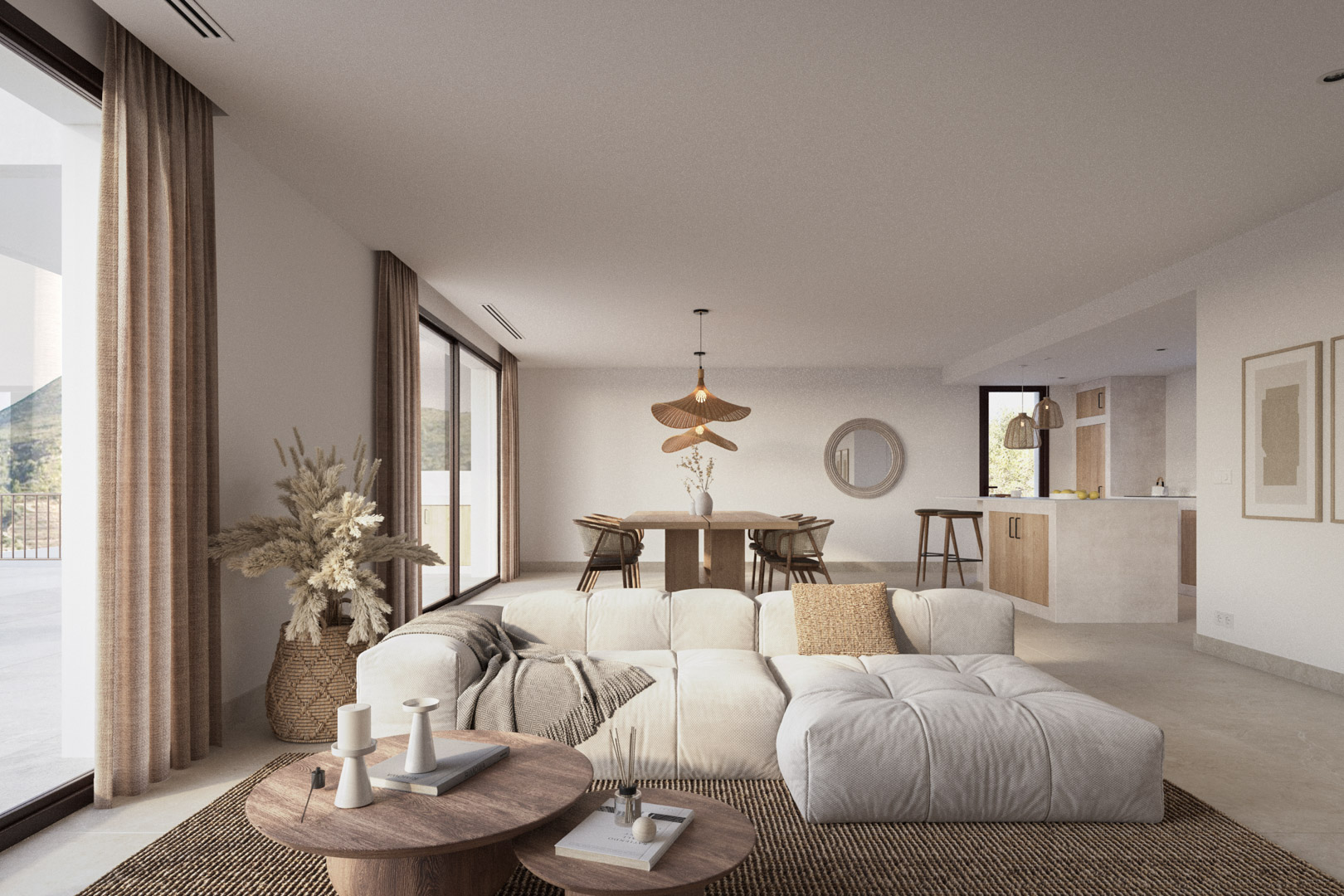Open woon- en eetkamer met grote glazen schuifdeuren, een comfortabele zithoek en een moderne keuken met kookeiland in een lichte, mediterrane stijl.