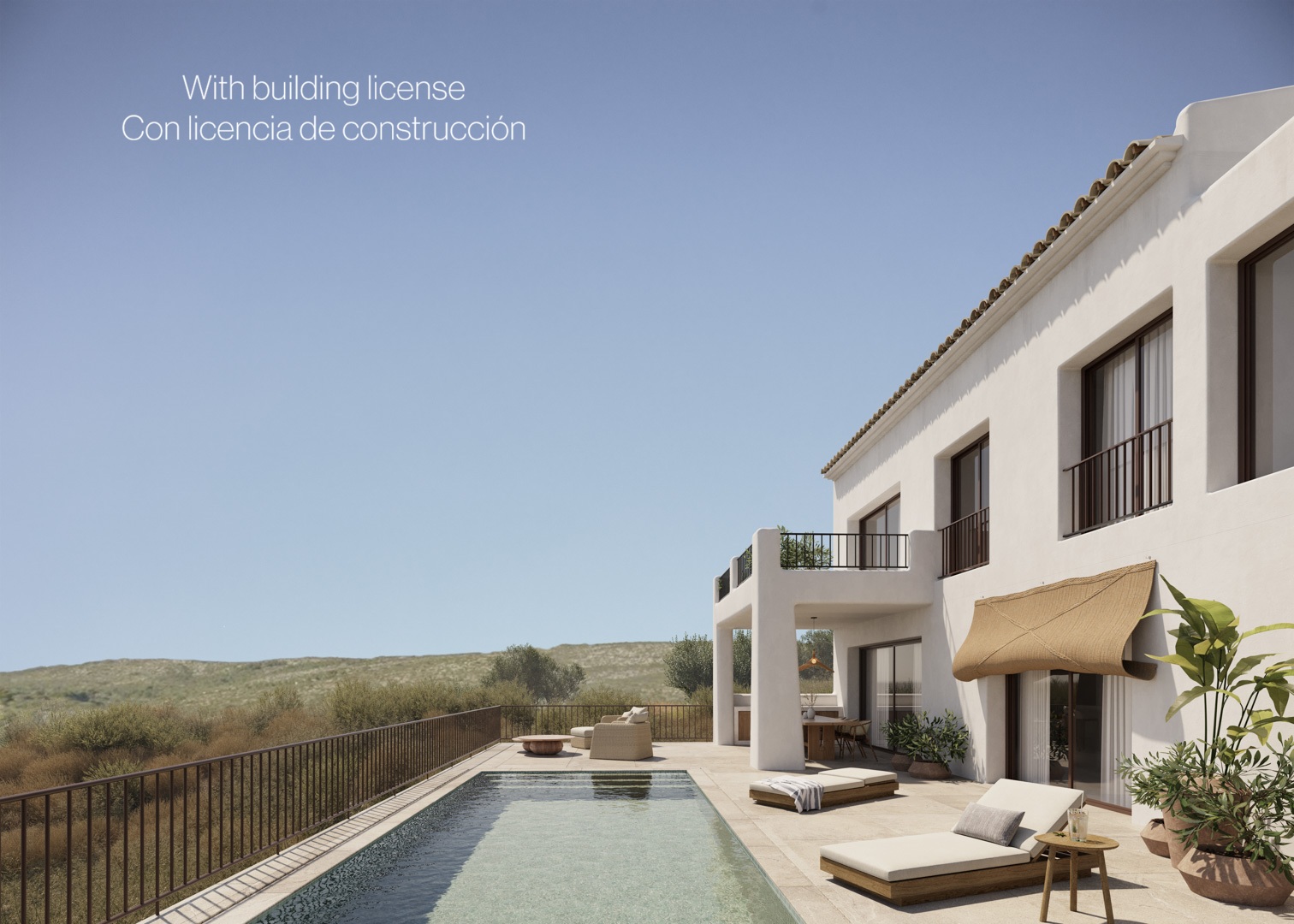 Witte gevel in Ibiza-stijl met een zwembad van 8x4m, natuurstenen terras en overdekte veranda met uitzicht op het landschap van de Jalón-vallei.
