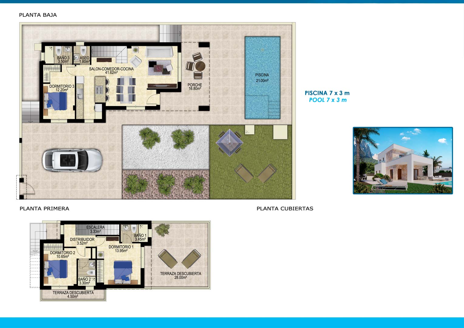 Gedetailleerde plattegronden van de villa met de indeling van de begane grond met open keuken en de eerste verdieping met en-suite slaapkamers en terrassen.