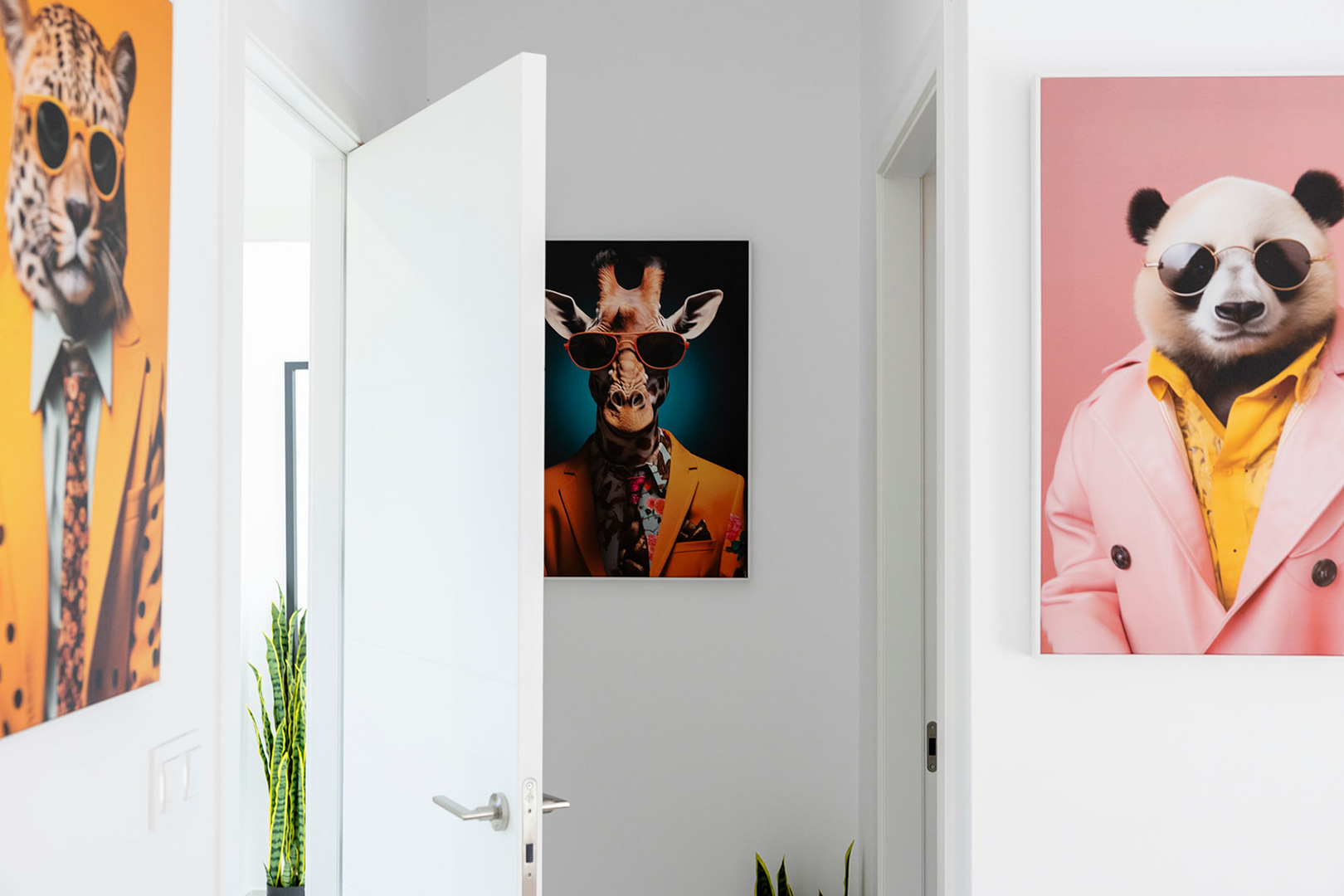 Minimalistische gang met gladde witte deuren en een levendige collectie pop-art dierenportretten tegen heldere witte muren.