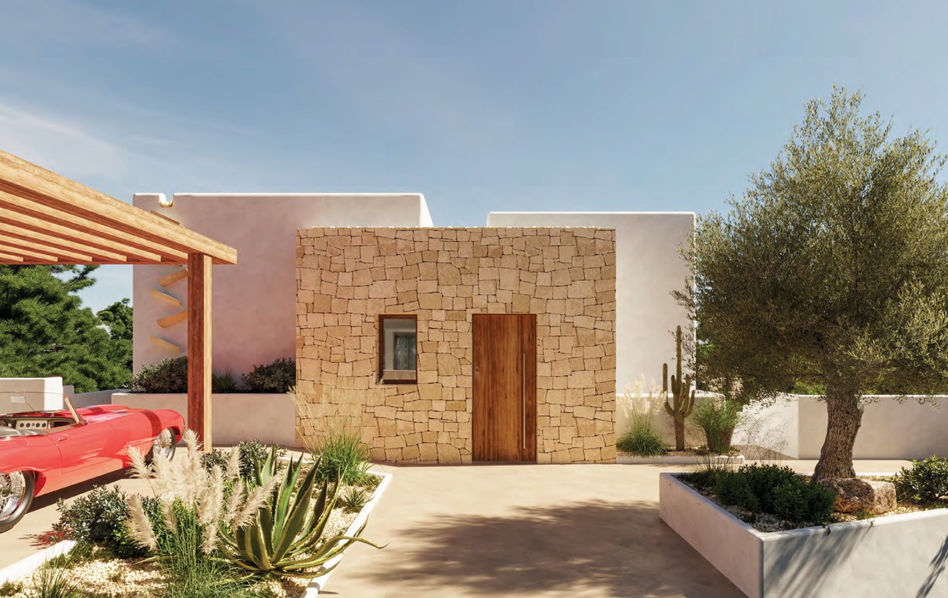 Steenachtige gevel met houten deur en mediterrane tuin met cactussen en olijfboom.