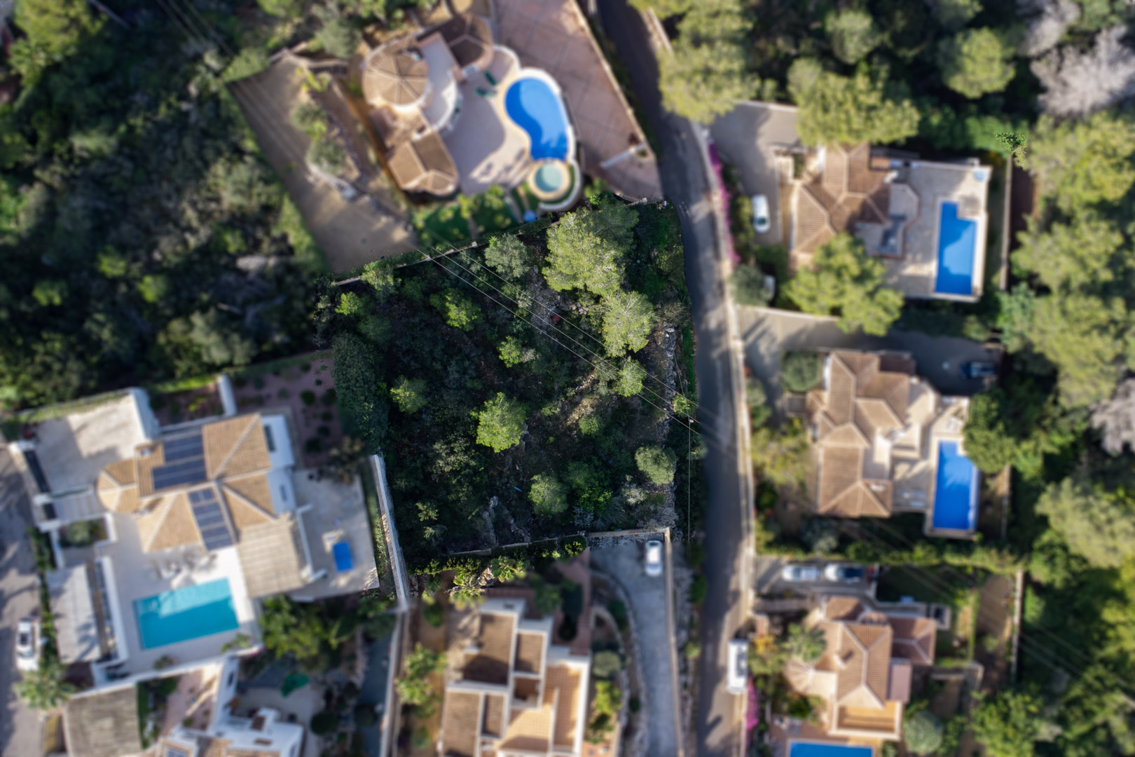 Bovenaanzicht van het perceel van 1042m2, met dichte mediterrane begroeiing en pijnbomen, gelegen te midden van luxe villa's met zwembaden in Jávea.