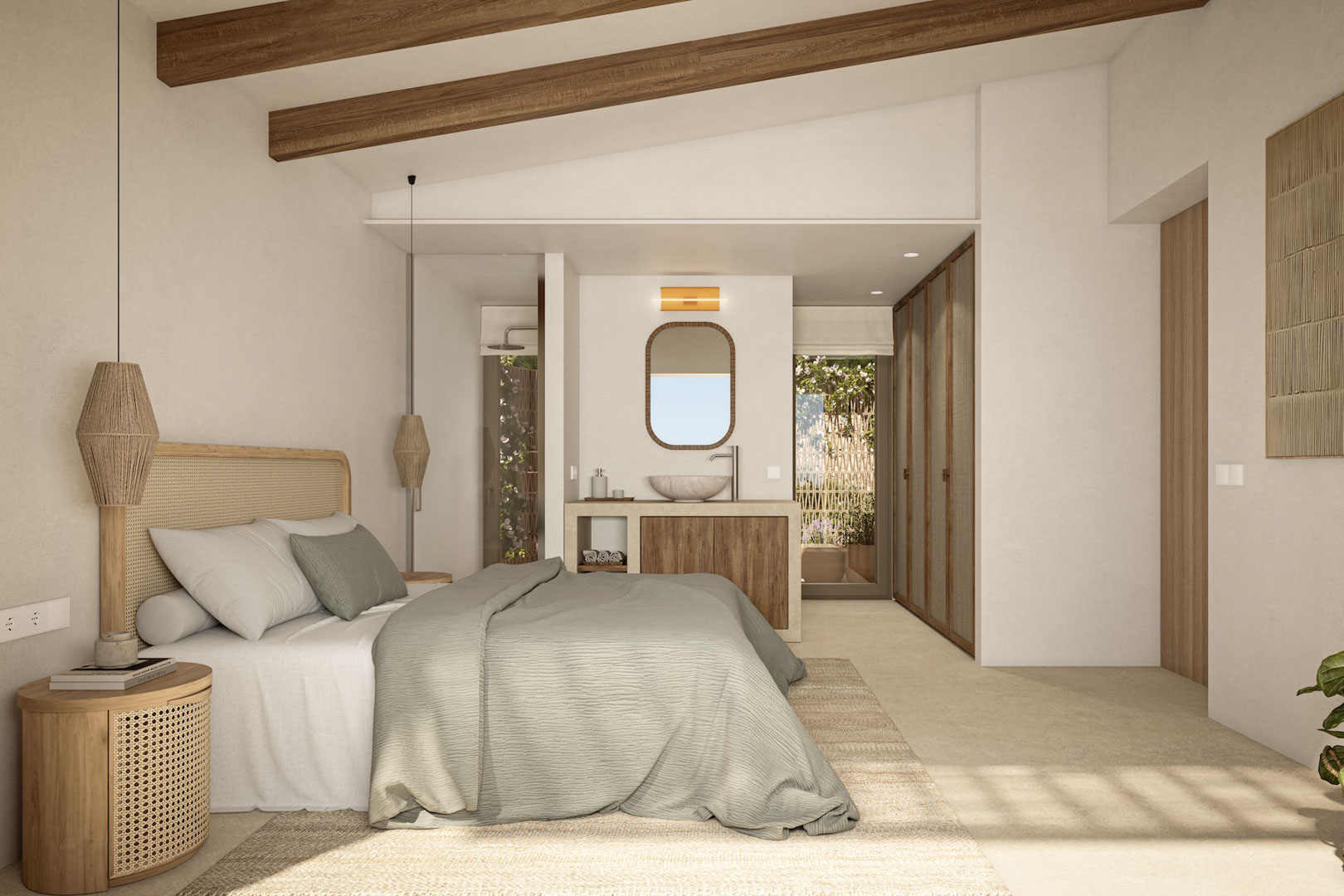 Hoofdslaapkamer met houten balken, geïntegreerde wastafel van natuursteen en natuurlijke rotan accenten in een licht en sereen ontwerp.